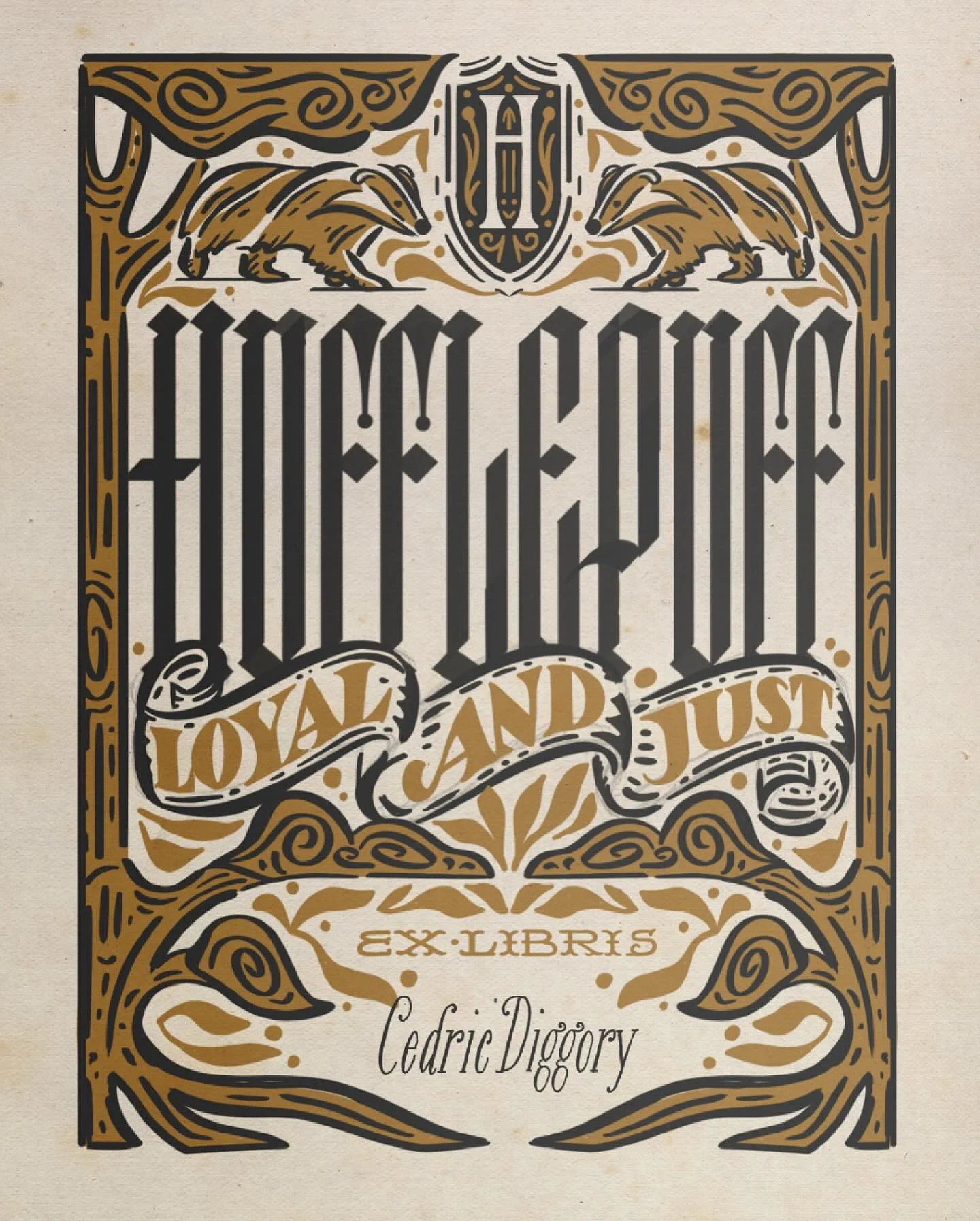 Hogwarts House Ex Libris #3 &ndash; To my loyal and just Hufflepuffs 💛🖤, qualities never to be overlooked or undervalued. This honey badger *does* care. 

Design even the smallest details with attention and love. 

#lettering #handlettering #blackl