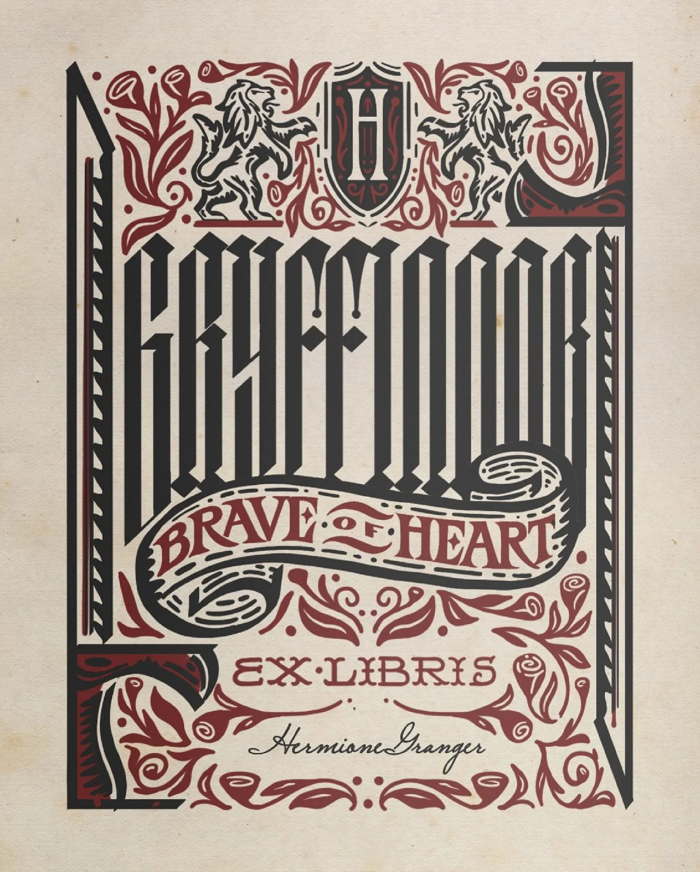 Hogwarts House Ex Libris #4 &ndash; For my brave of heart friends (they are many). It&rsquo;s really hard to pick a favorite among the set, but I particularly love how this single-color version turned out. Extra tall and dramatic blackletter might be