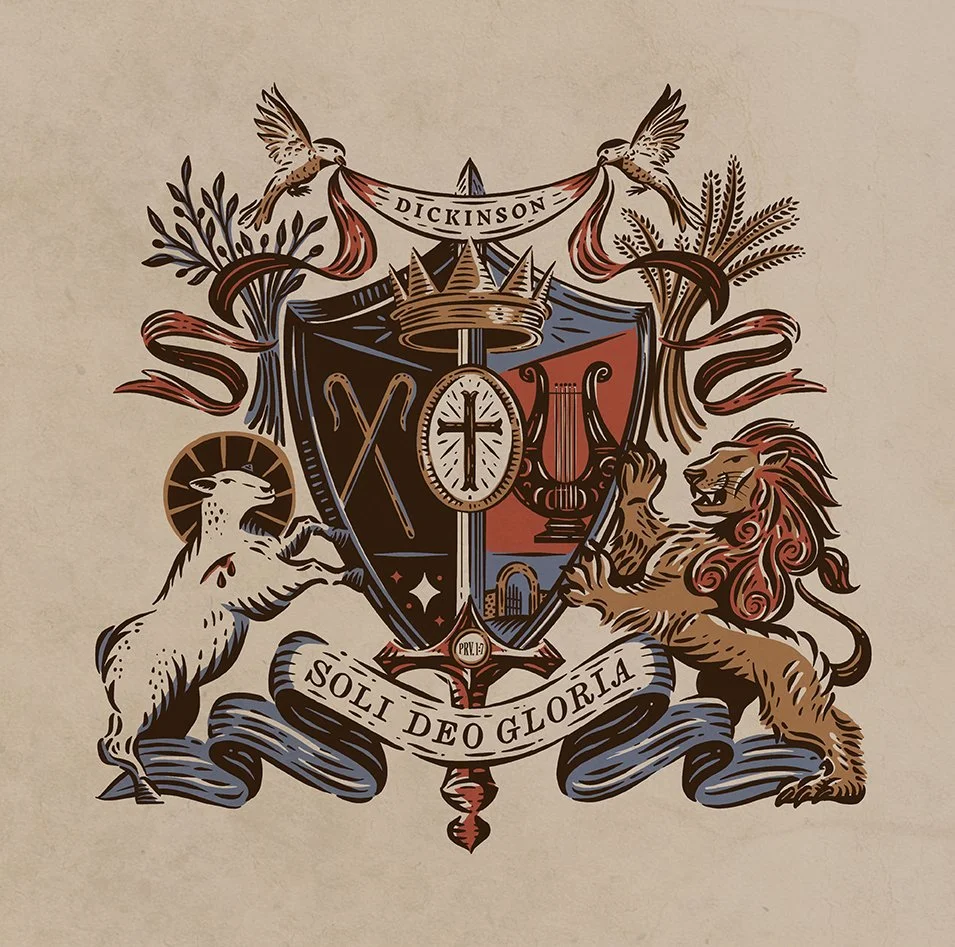 Family coat of arms featuring a lion, lamb, and two sparrows, surrounding a shield with shepherds crooks, a harp, a gate, and a crown. A sword pierces thru the center and a banner reads "soli deo gloria'