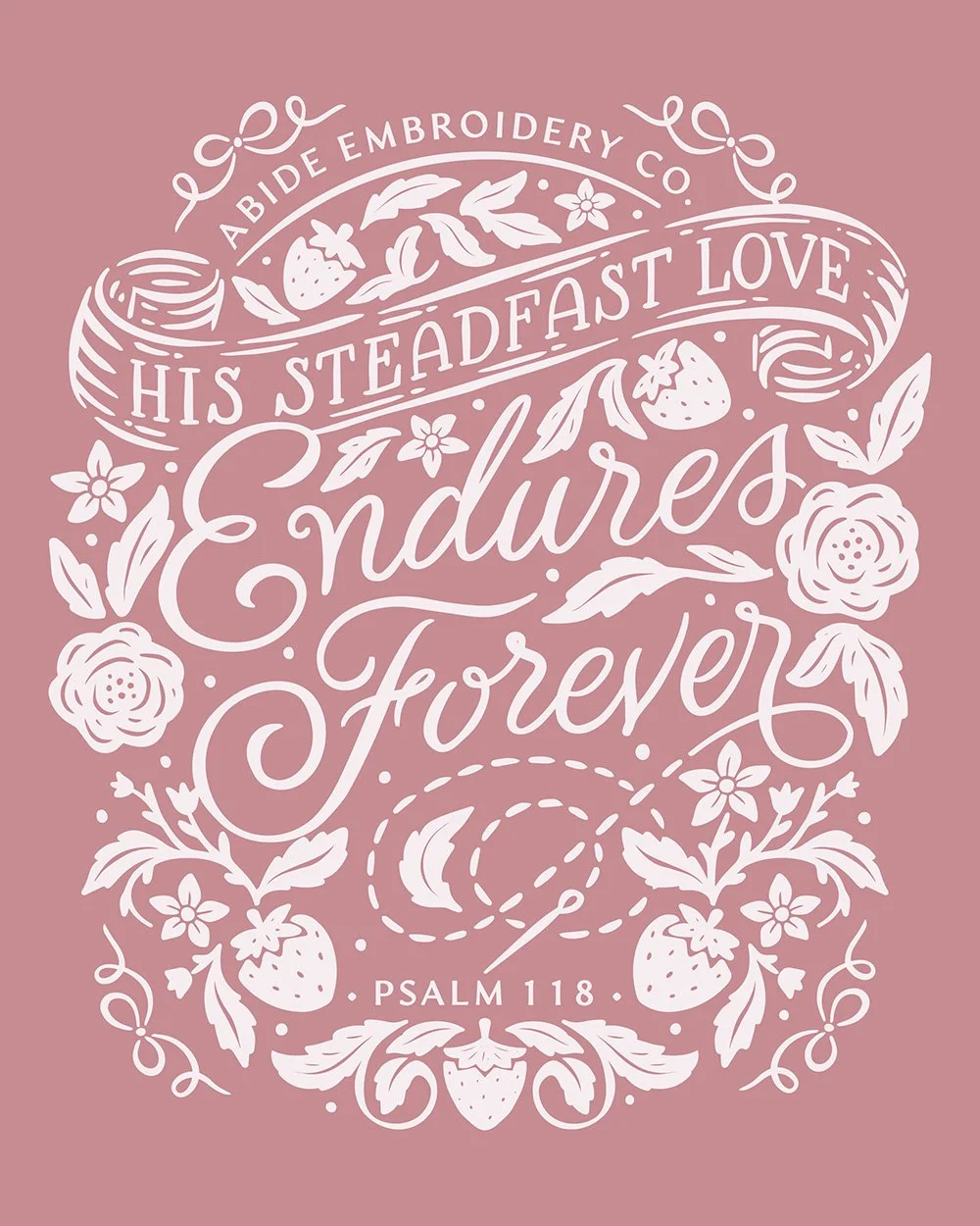 Ornate floral handlettered design, white ink on pink background, for a t shirt