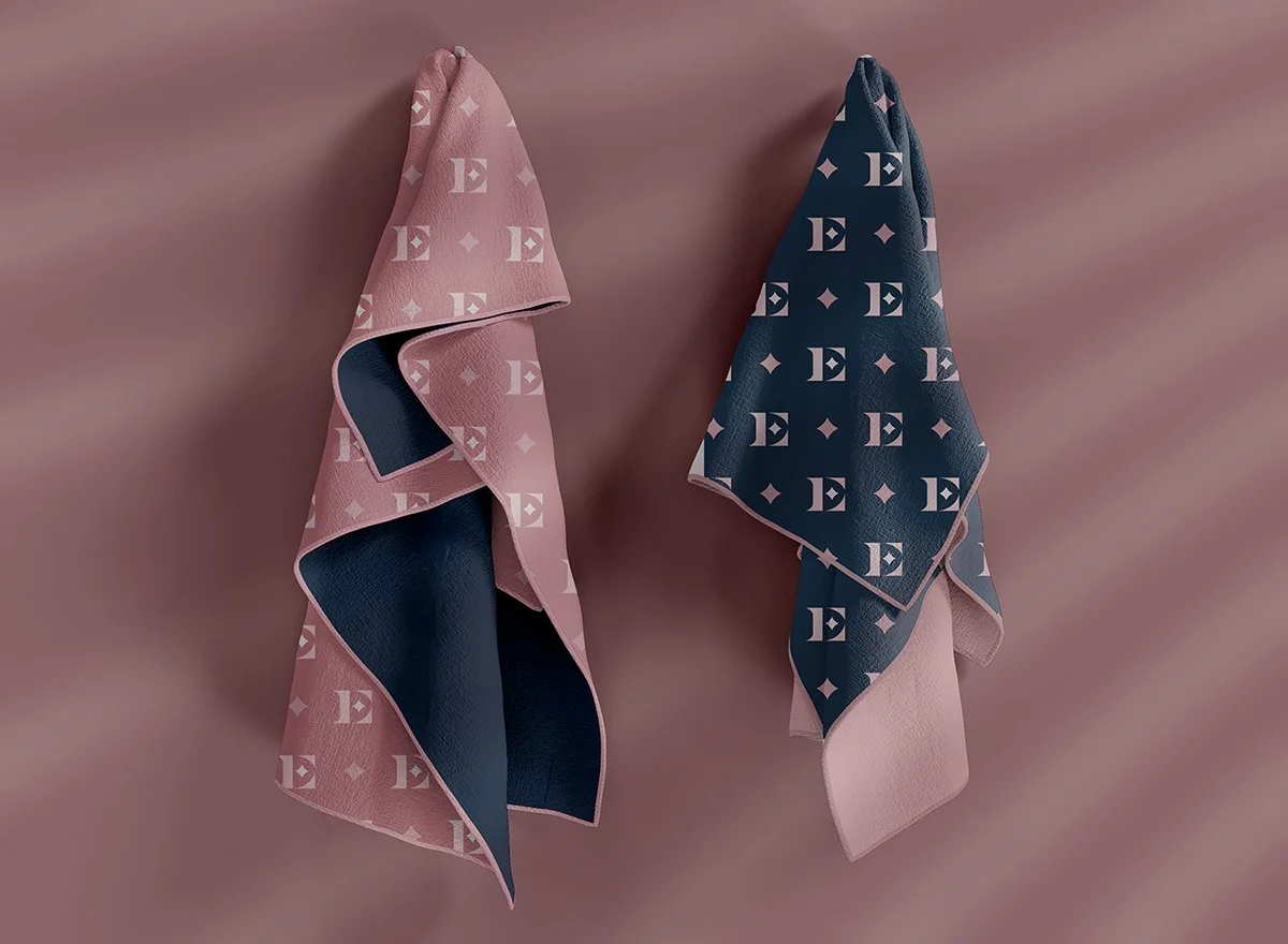 jewelry cleaning cloth design concept with monogram repeat pattern in navy and pink