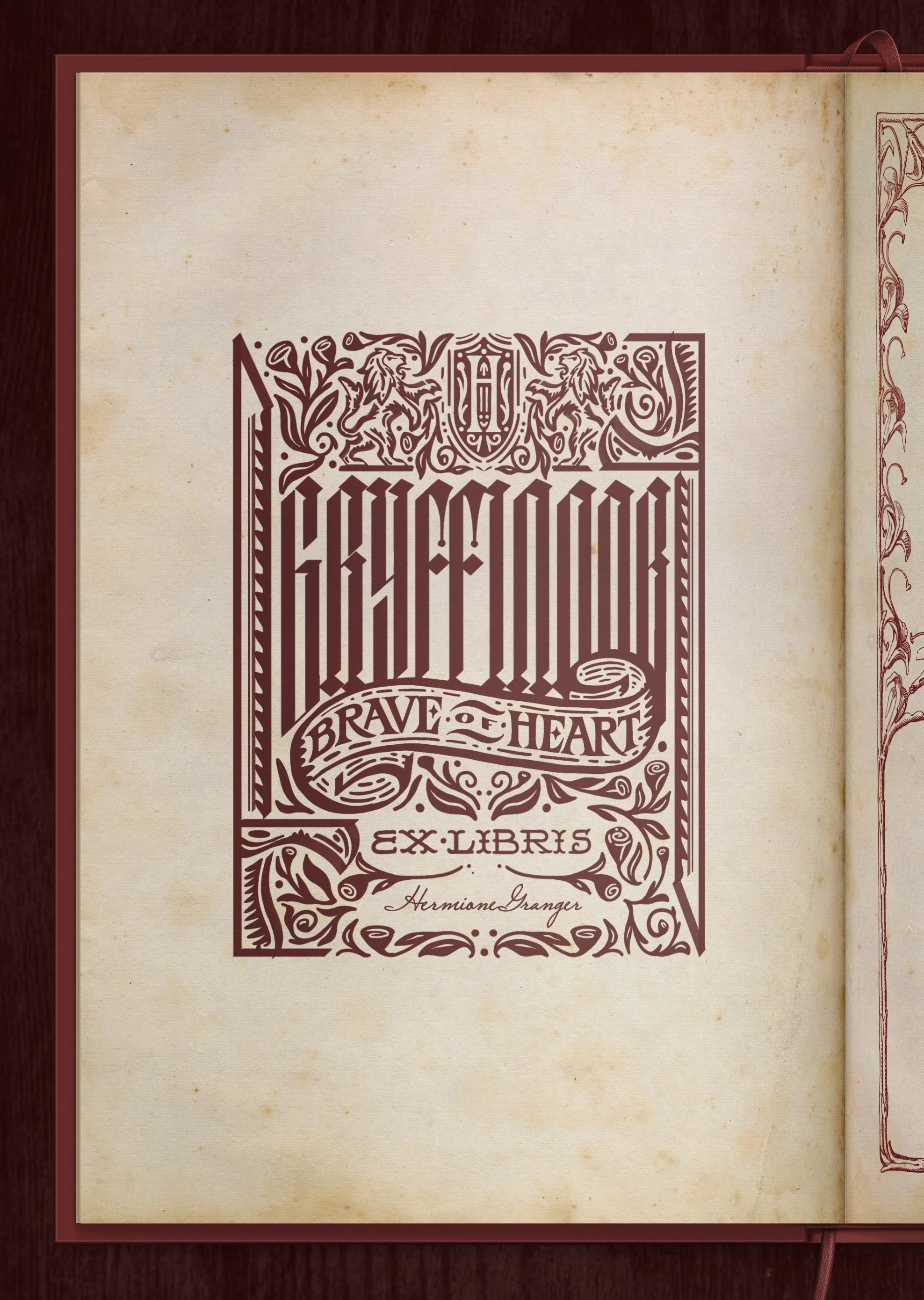 An open red hardcover book showing a vintage-style title page with decorative borders and the text 'Brave of Heart Ex Libris Gryffindor' in ornate font.