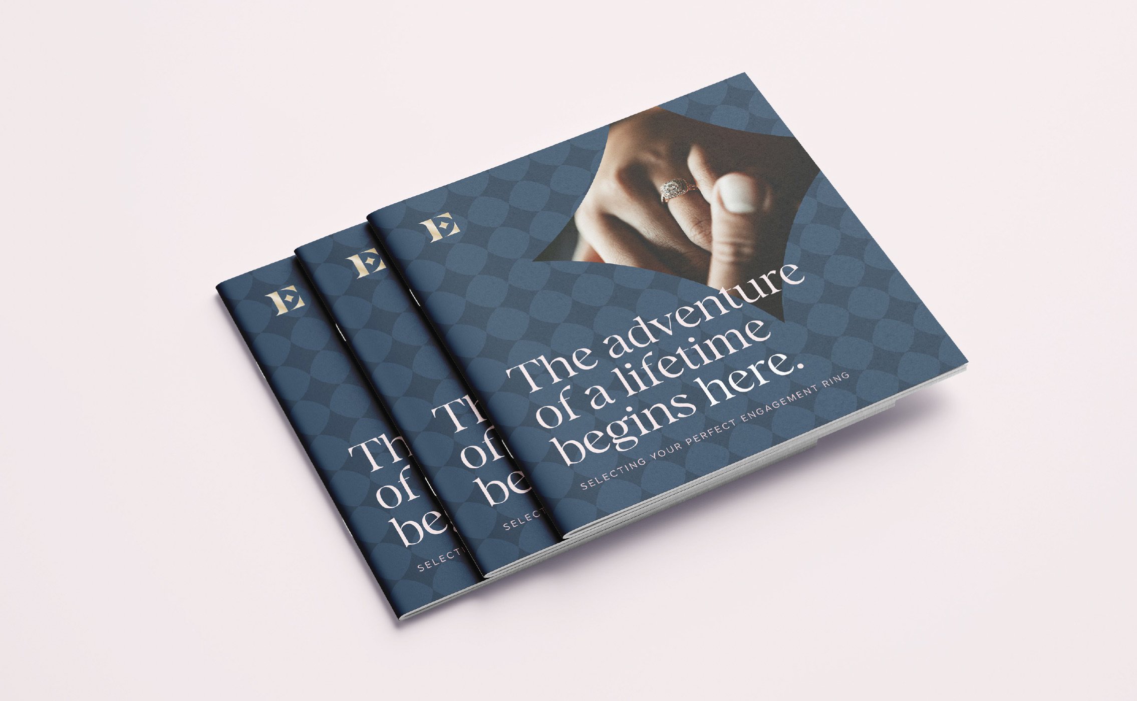 brochure concept design luxury style with repeat diamond background and engagement ring photo