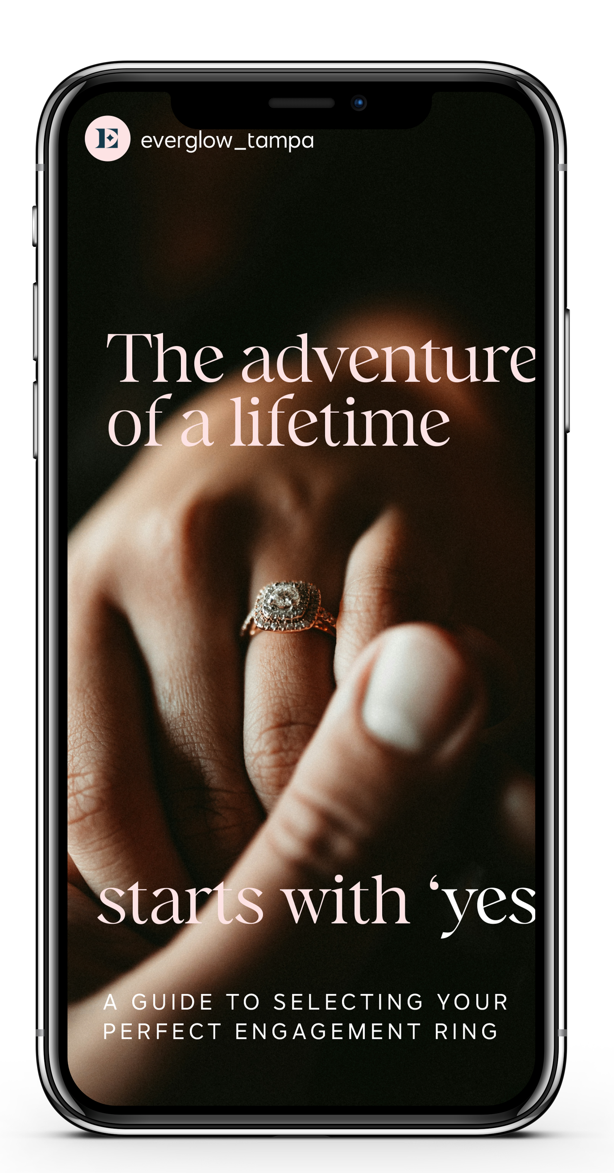 instagram story concept for Everglow Jewelry with engagement ring and text