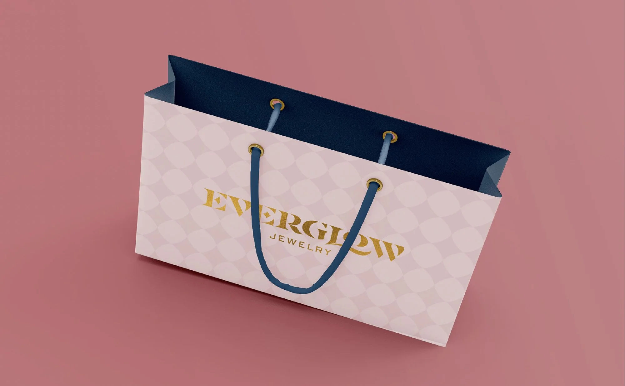luxury packaging bag design with metallic gold foil logo over diamond repeat pattern background