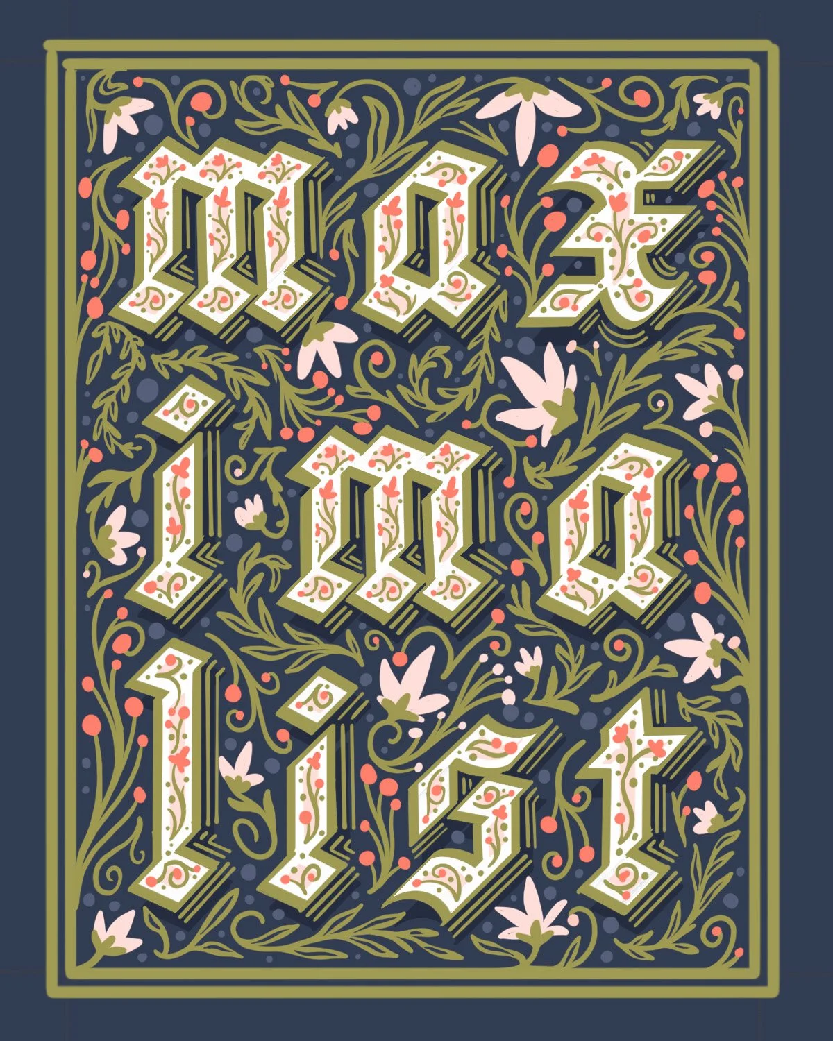 Ornate floral-style text with the word 'maximalist' in decorative, Victorian-inspired hand lettering with pink, white, and green accents on a dark background.