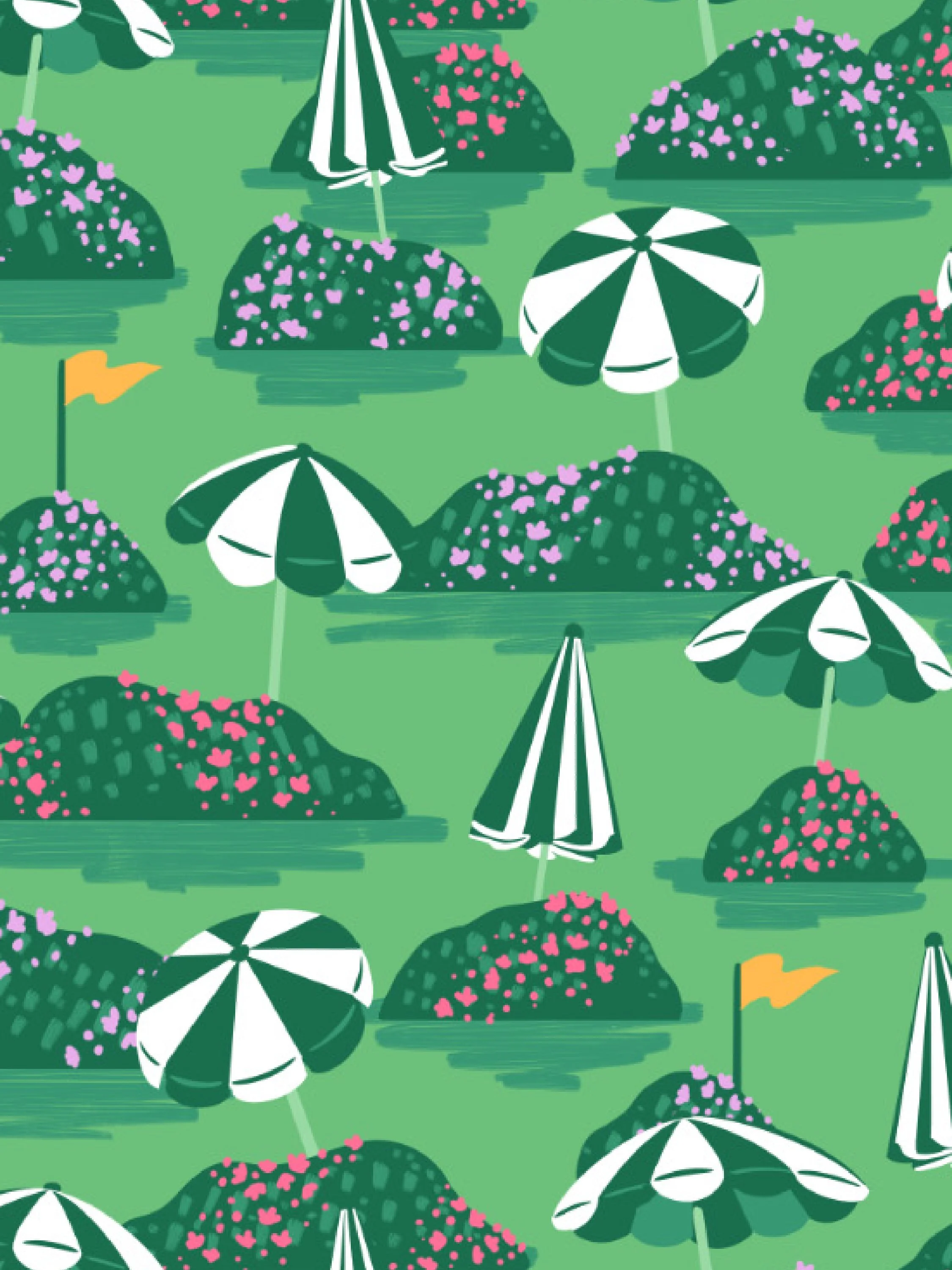 A colorful, illustrated pattern of purple flowering bushes, green parasols with white and green stripes, and yellow flags on green grass.