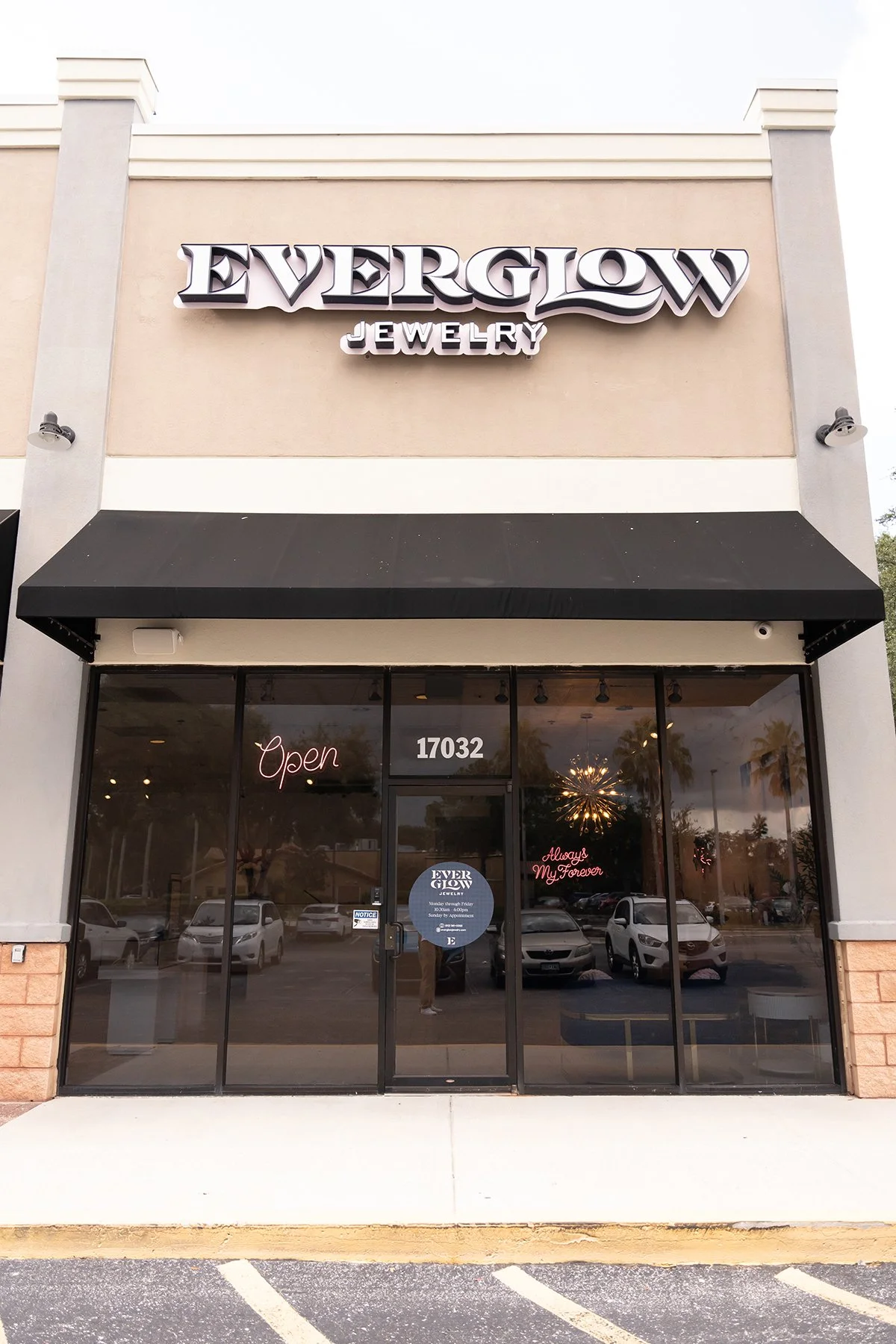 Everglow Jewelry store exterior doors, windows and signage