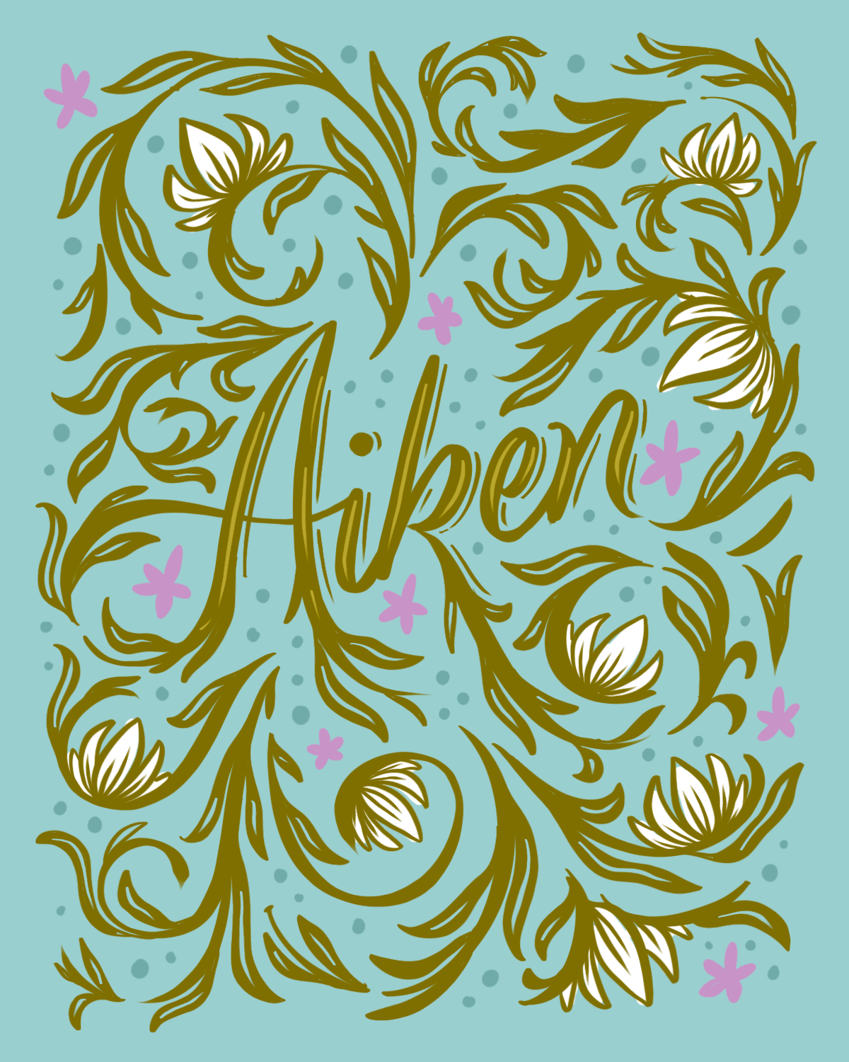 A decorative card with the name 'Aiken' in flowing script surrounded by floral and leaf patterns in olive green and white on a light blue background, with small purple flowers and blue dots scattered around.