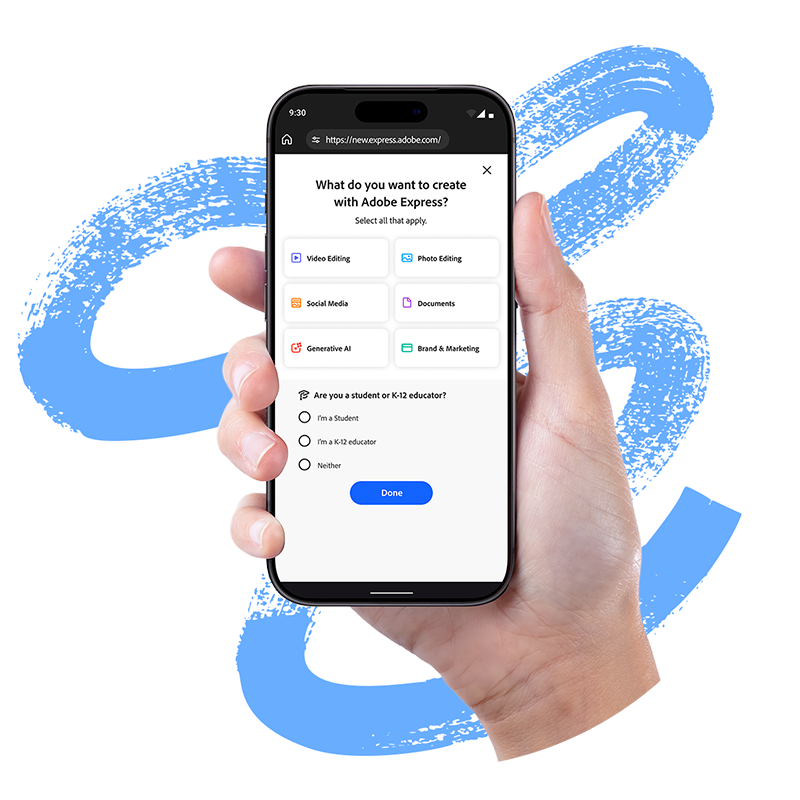 A person's hand holding a smartphone displaying the Adobe Express app with options for creating video editing, photo editing, social media, documents, generative AI, and brand marketing, along with a question about being a student or educator and a 'Done' button.