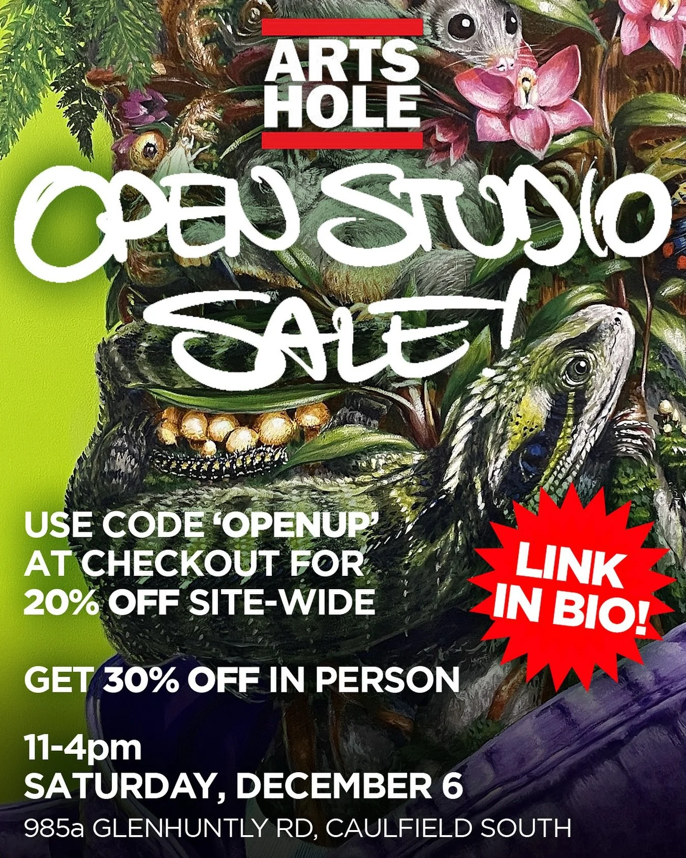 The @theartshole open studio is coming up this Saturday and it&rsquo;s sale time on my webstore. Link in bio! 
If you cant make it along to the studio use code OPENUP to get 20% off everything there.
30% off everything in the studio on the day and bo