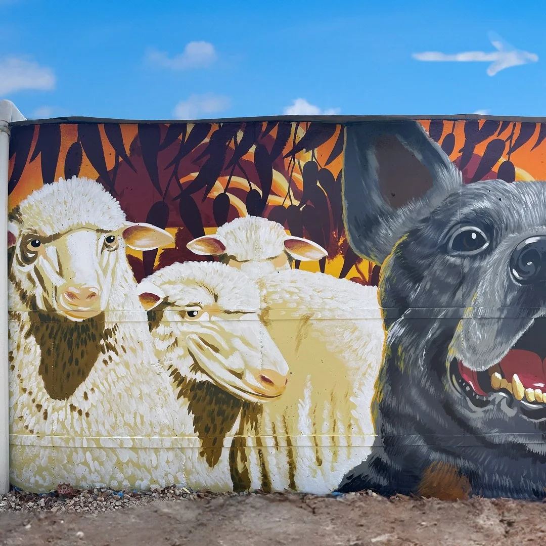 2025 things ⬅️👆

Flat-laying the tank for a better look at Jeffrey and his mates 

#art #mural #muralart #painting #outdoormural #australiancattledog #blueheeler #sheep #sheepfarm #easterngreykangaroo #kangaroo #australiana #australiananimals