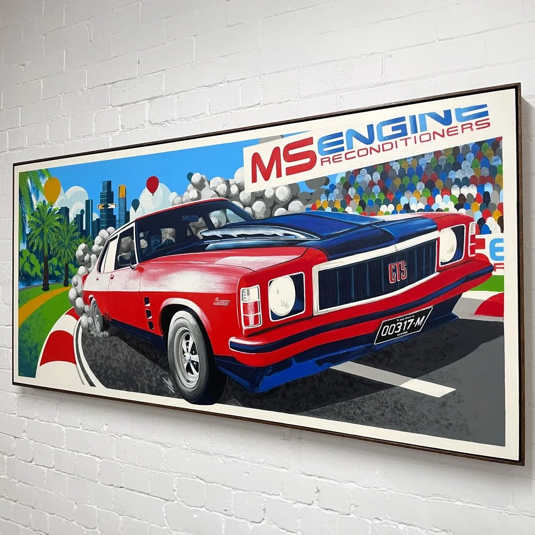 Goin&rsquo; Top Speed 
Acrylic on aluminium composite.
160x78cm 

One last lap around Albert Park in the GTS Monaro for this commissioned piece. 
Thanks to Angela for trusting me with this one for her old man&rsquo;s bday!
High fives to @fallon.frame