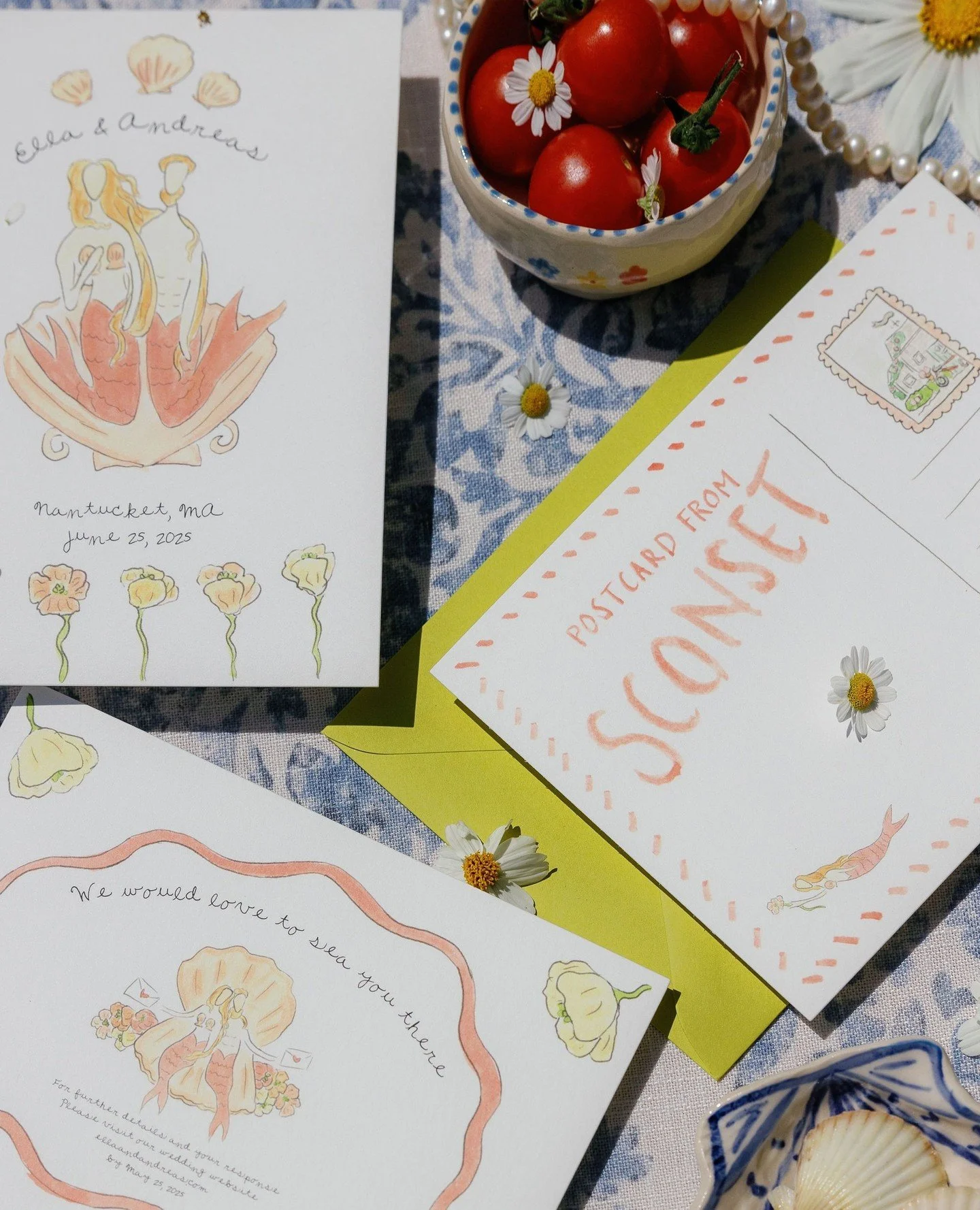 When the brief is coastal whimsy, where Italy meets west coast meets East coast, the design is more than just lemons and palm trees and hydrangeas. ⁠
⁠
The inspiration came from Botticelli's Venus, where mermaids greet the guests on every page, welco