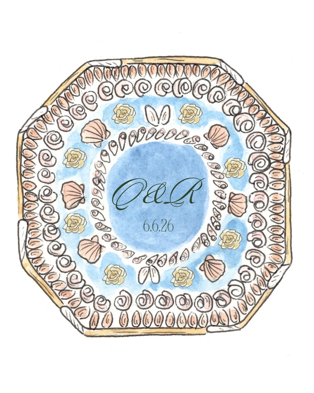 A couple crest like you've never seen before 🤩⁠
⁠
This Sailor's Valentine is full of details deeply personal to who Q&amp;R are. A hockey stick border for their family's love of the sport. Six scallop shells for their family of six. An old world des