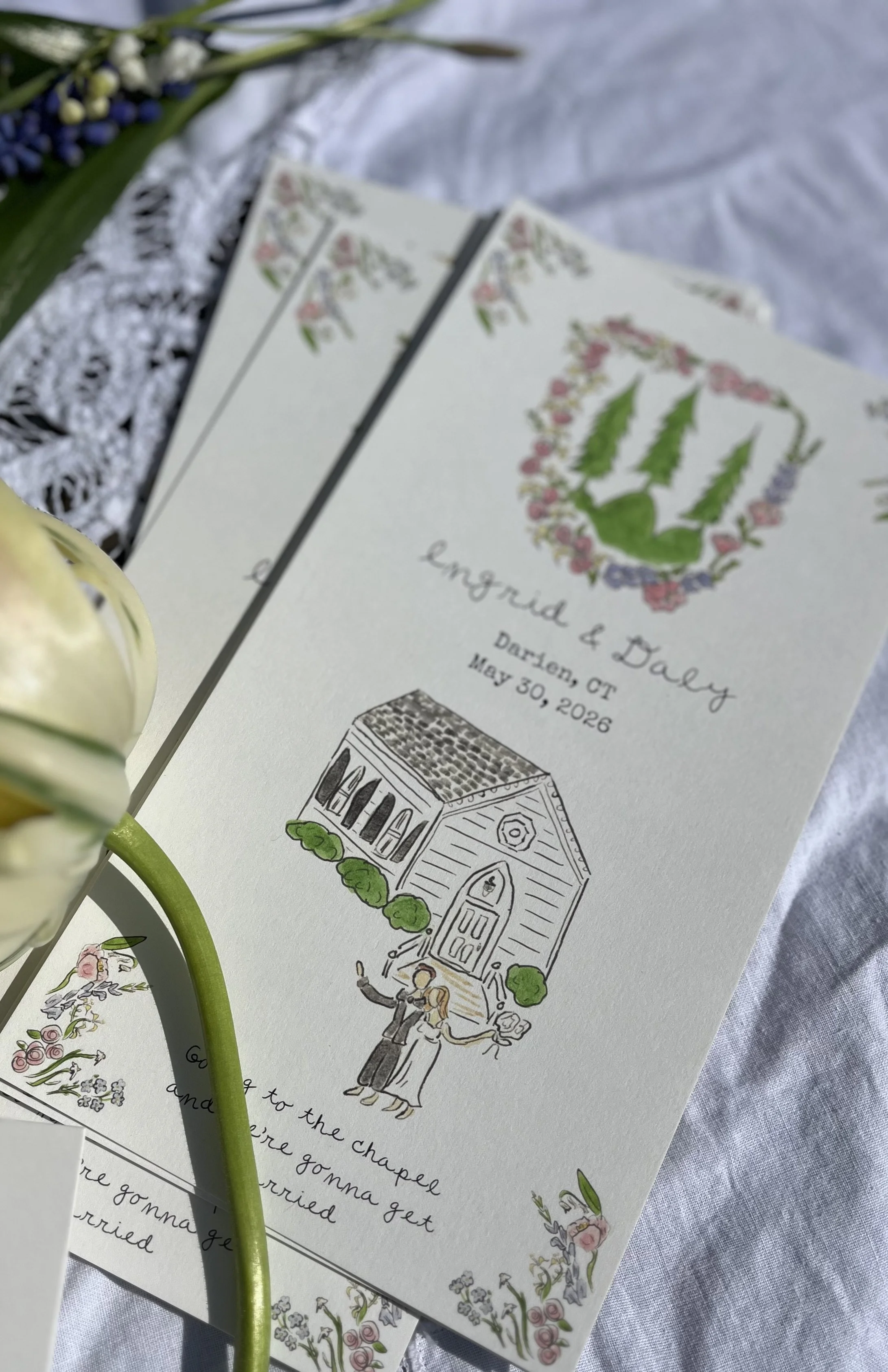 Ceremony Programs for Connecticut Wedding Featuring Custom Crest & Couple Illustration