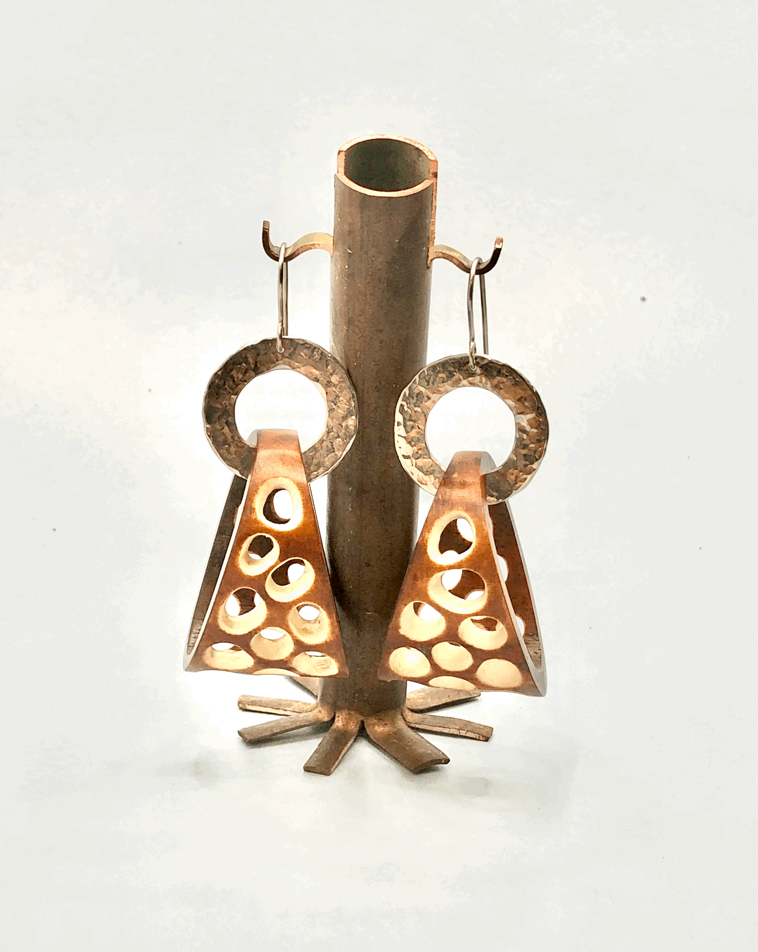 Dyed antler and sterling silver earrings displayed hanging, showing 65mm drop length and scale