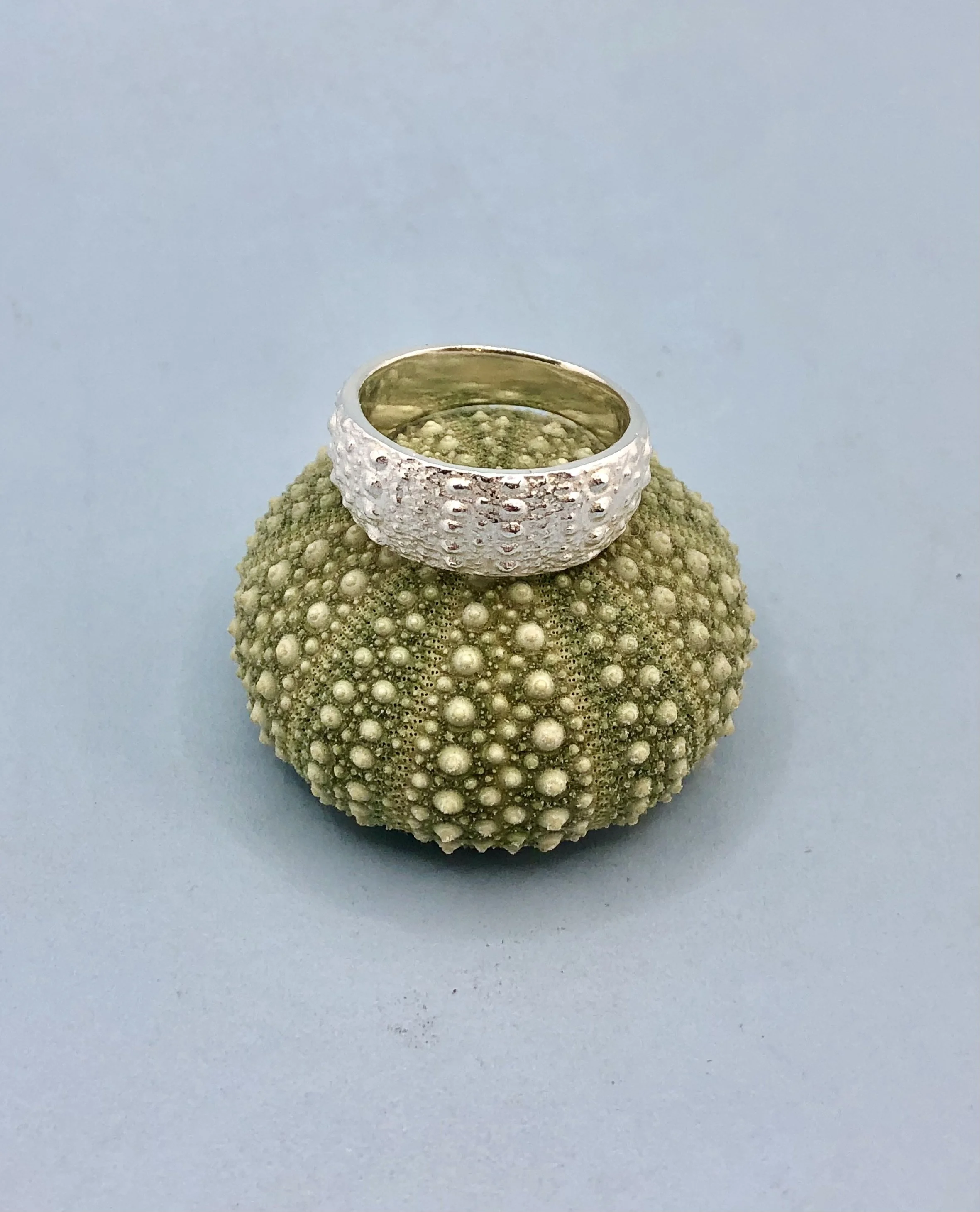 Kina textured ring flat lay showing sterling silver finish and tapered band shape