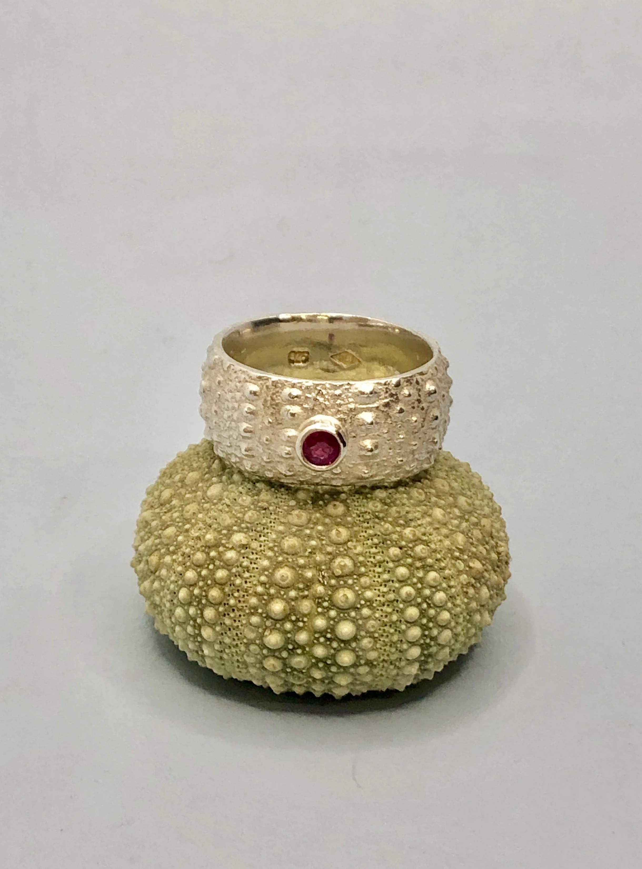 Front view of sea urchin and ruby sterling silver ring sitting on top of a Kina shell