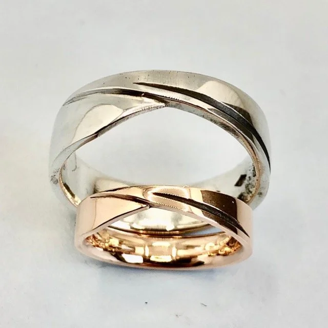 Sterling Silver & 9k Pink Gold Matching Wedding Ring Set