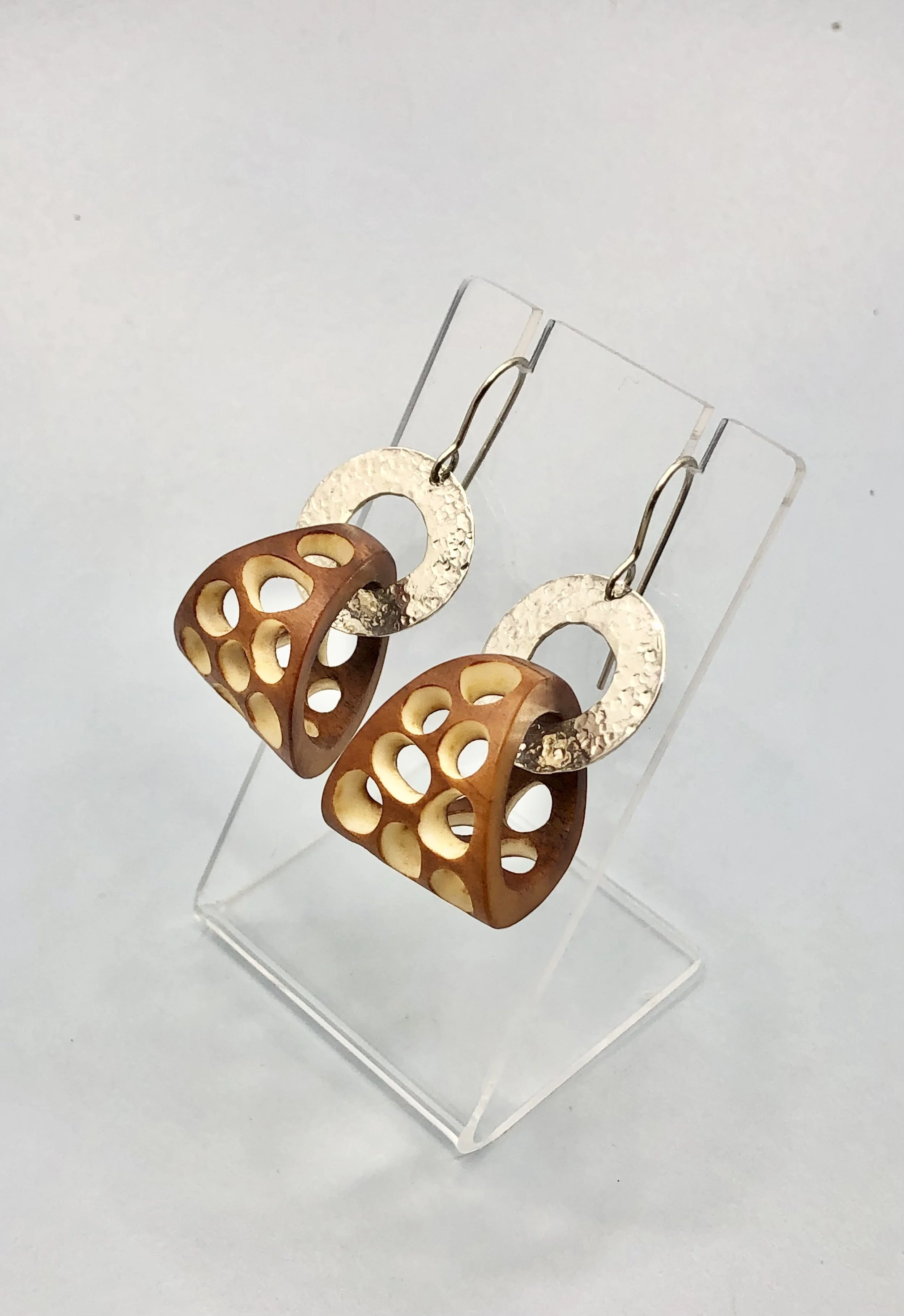 Small dyed antler and sterling silver earrings worn, showing 50mm drop length and 20mm width