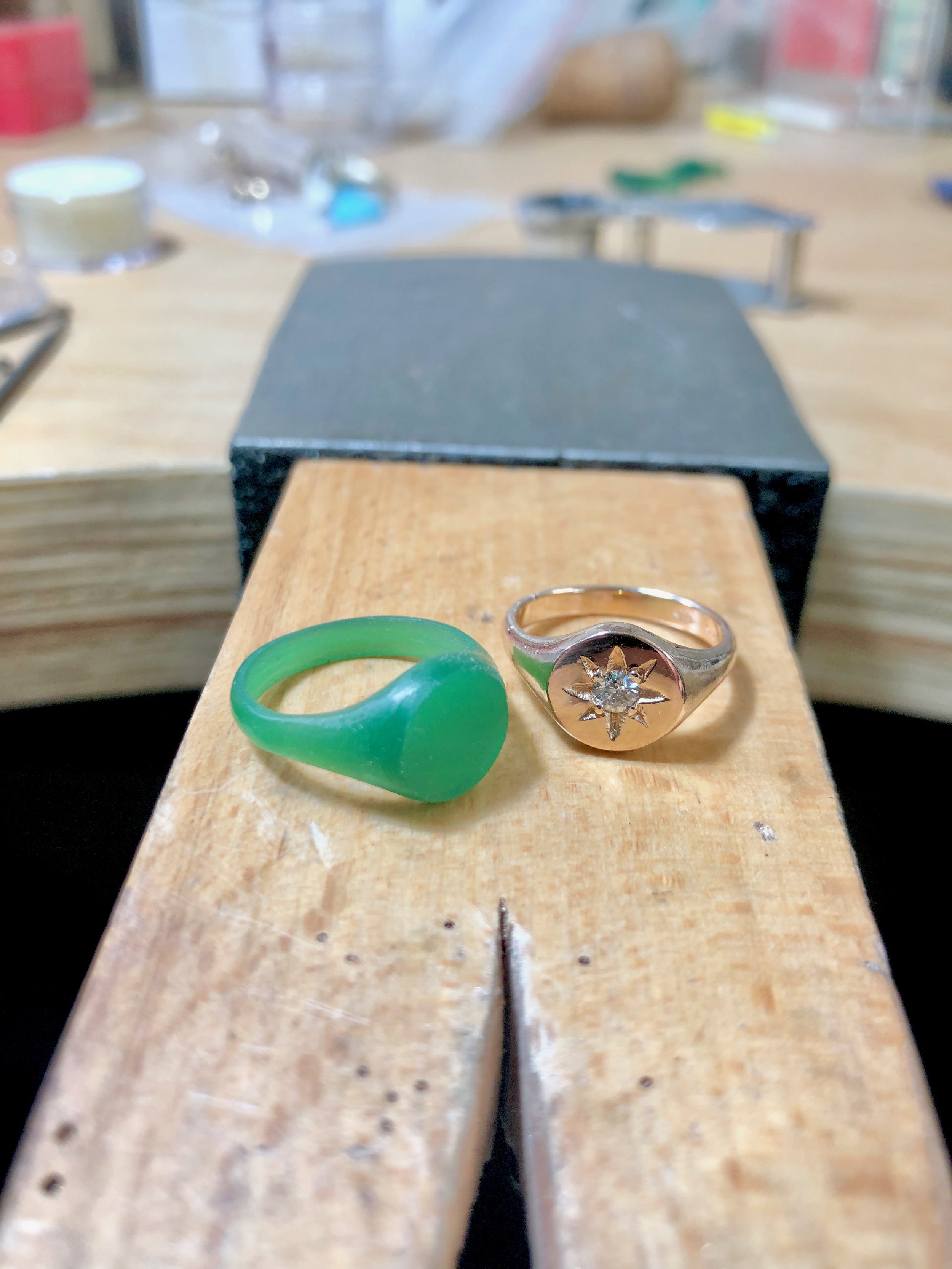Wax Model & 9k Gold Signet Ring With Diamond Star Set