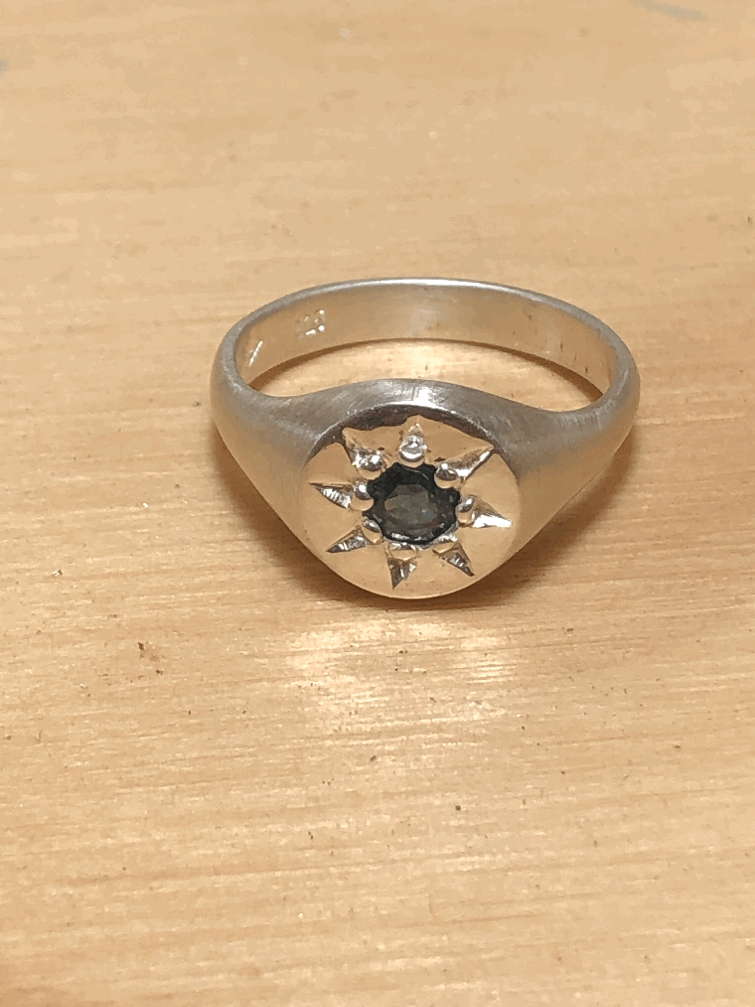 Blue sapphire star-set sterling silver signet ring, size J pinky ring. Rachel Lambert Jewellery