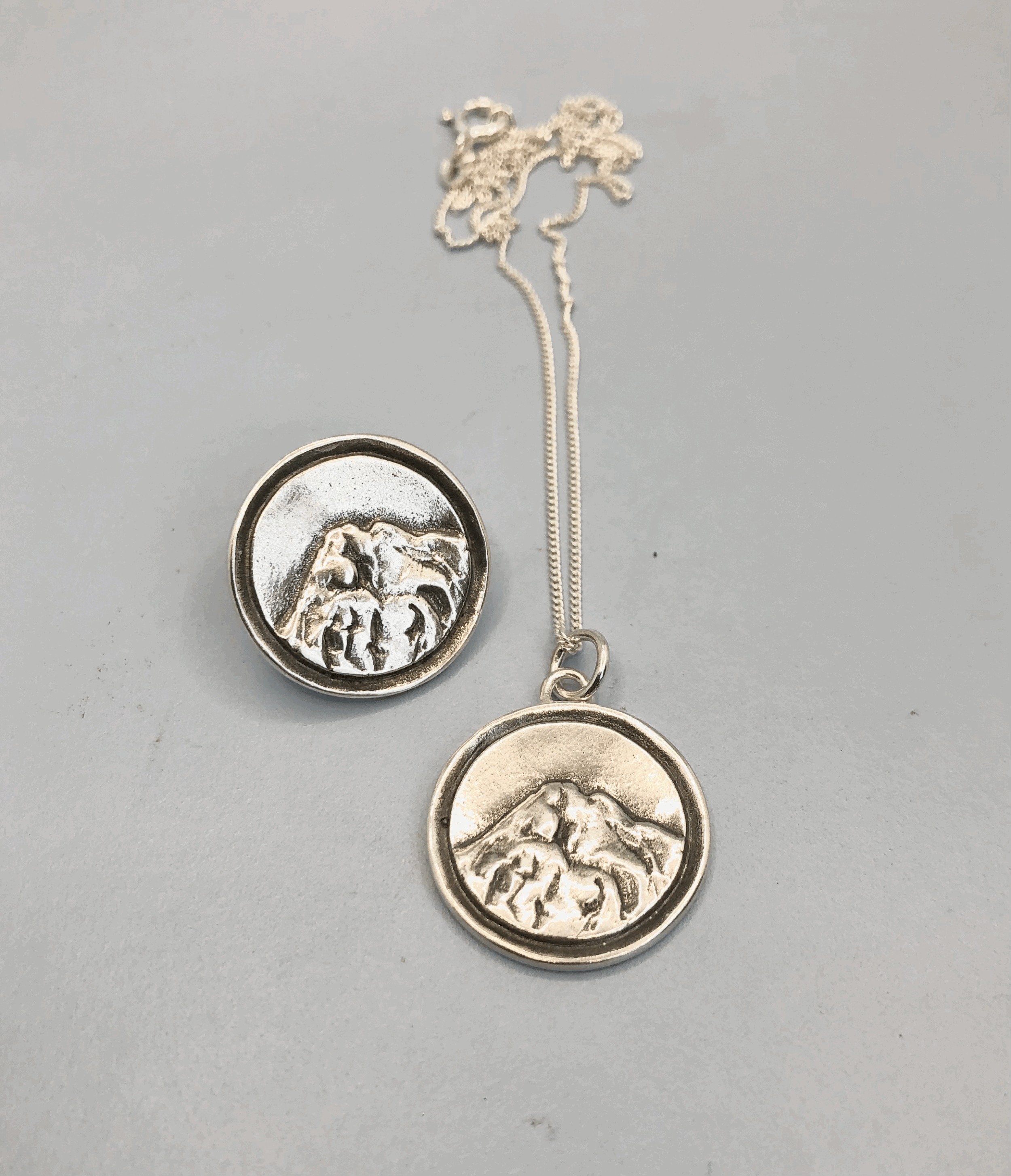 Taranaki Maunga silver medallion on 45cm sterling silver curb chain, handcrafted Taranaki jewellery gift