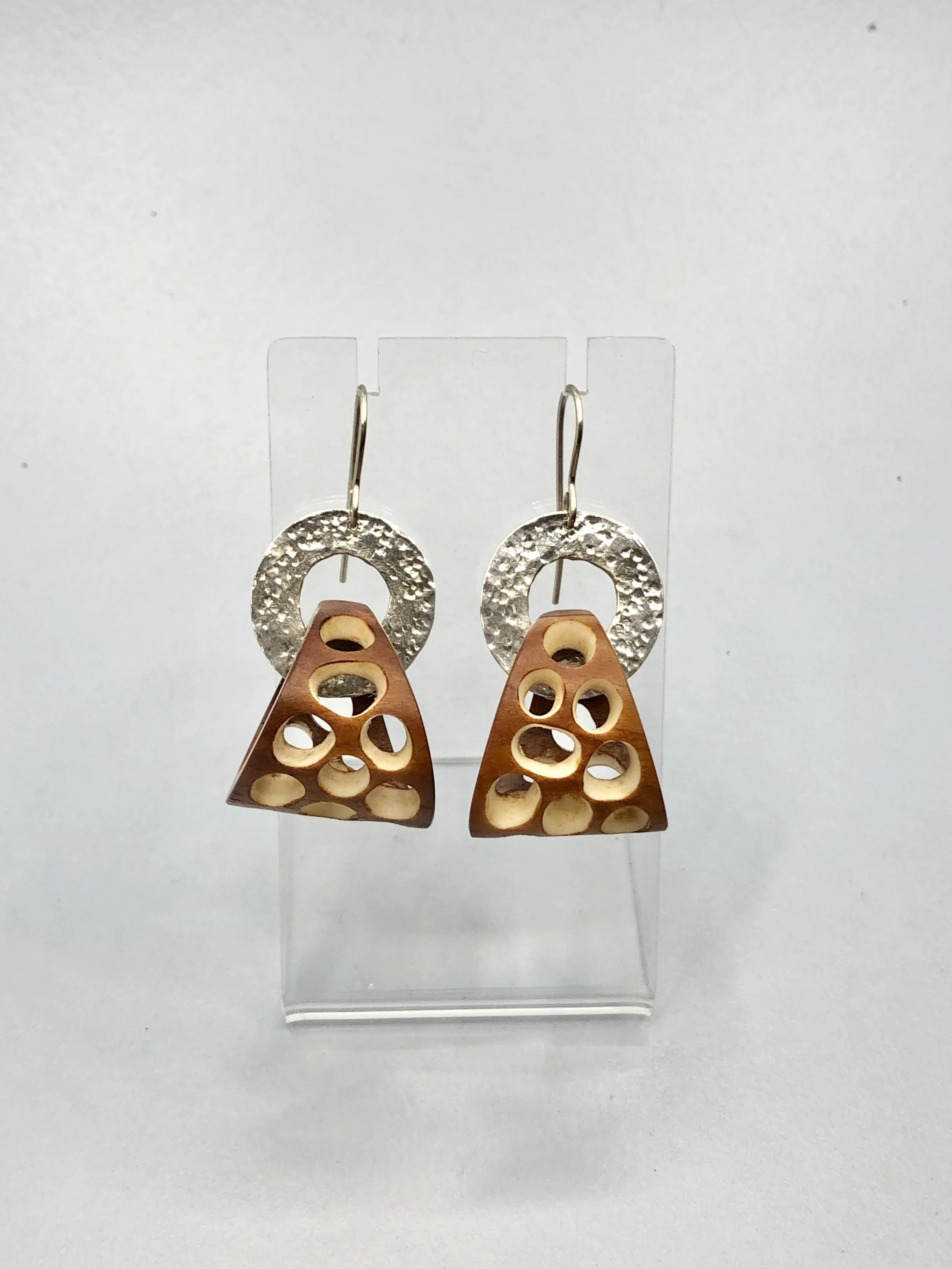 Small dyed antler and sterling silver earrings worn, showing 50mm drop length and 20mm width
