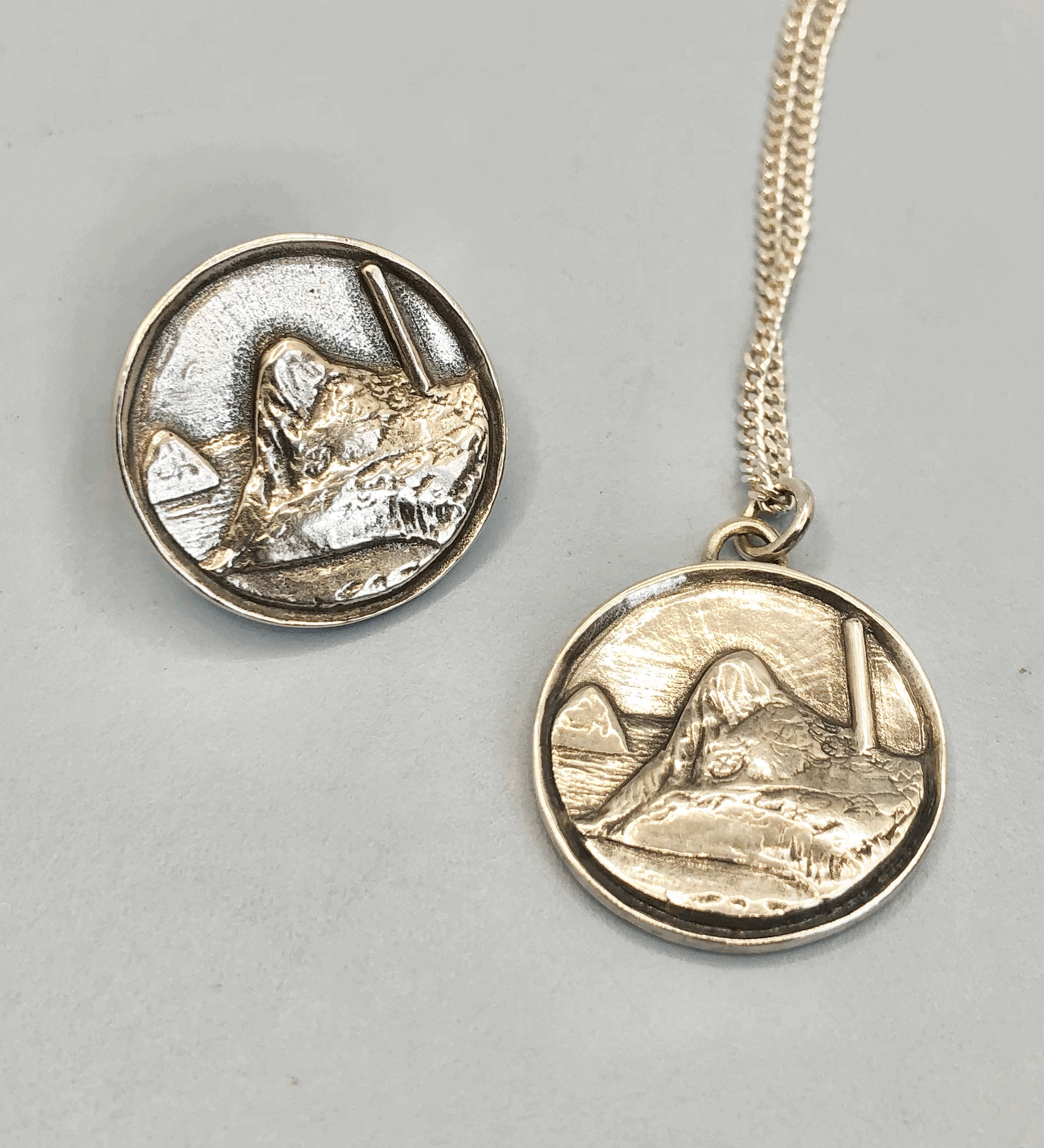 Paritutu medallion on 45cm sterling silver curb chain, handcrafted New Zealand jewellery