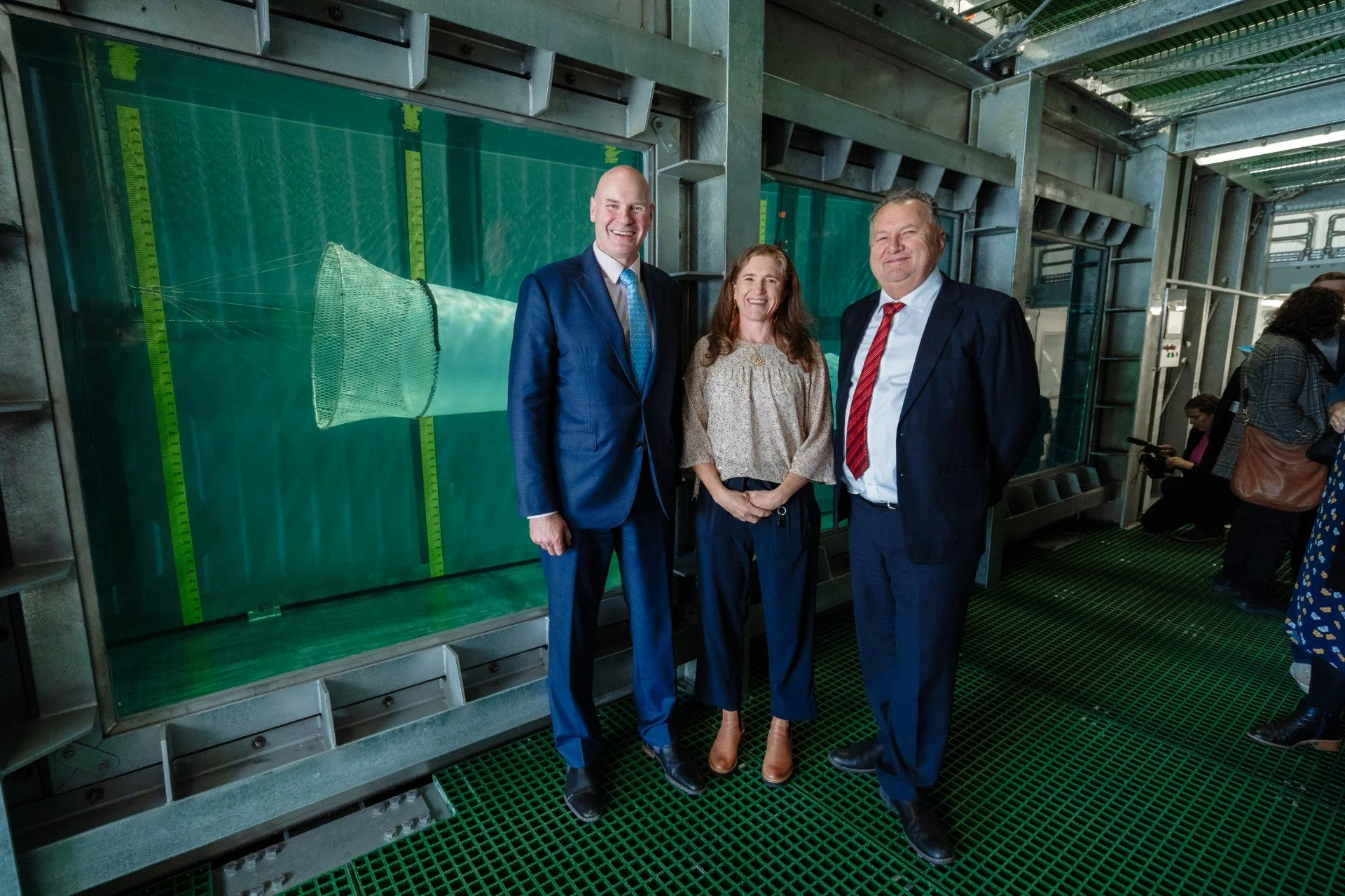 Celebrating the launch of NZ's largest flume tank at Plant & Food Research (PF&R)  in Nelson. From left, Mark Piper and Helen Palmer (PF&R), Seafood Technologies & Oceans and Fisheries Minister Shane Jones.