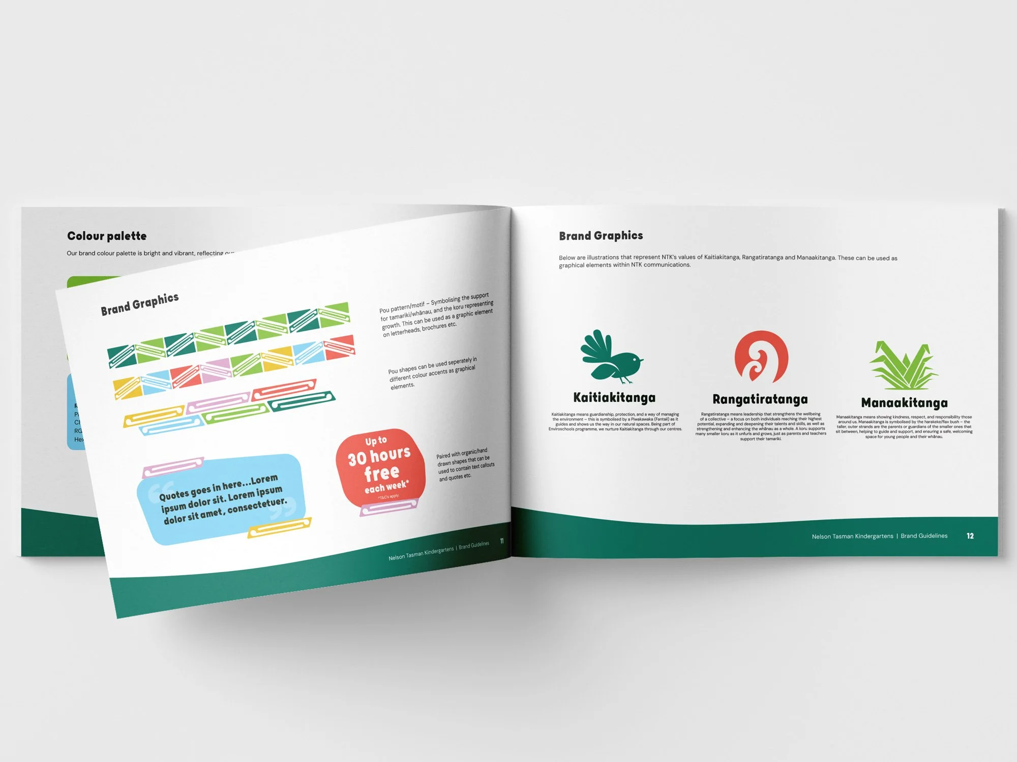 A bright, bold colour palette was developed for Nelson Tasman Kindergarten, along with fun graphics to incorporate their core values.