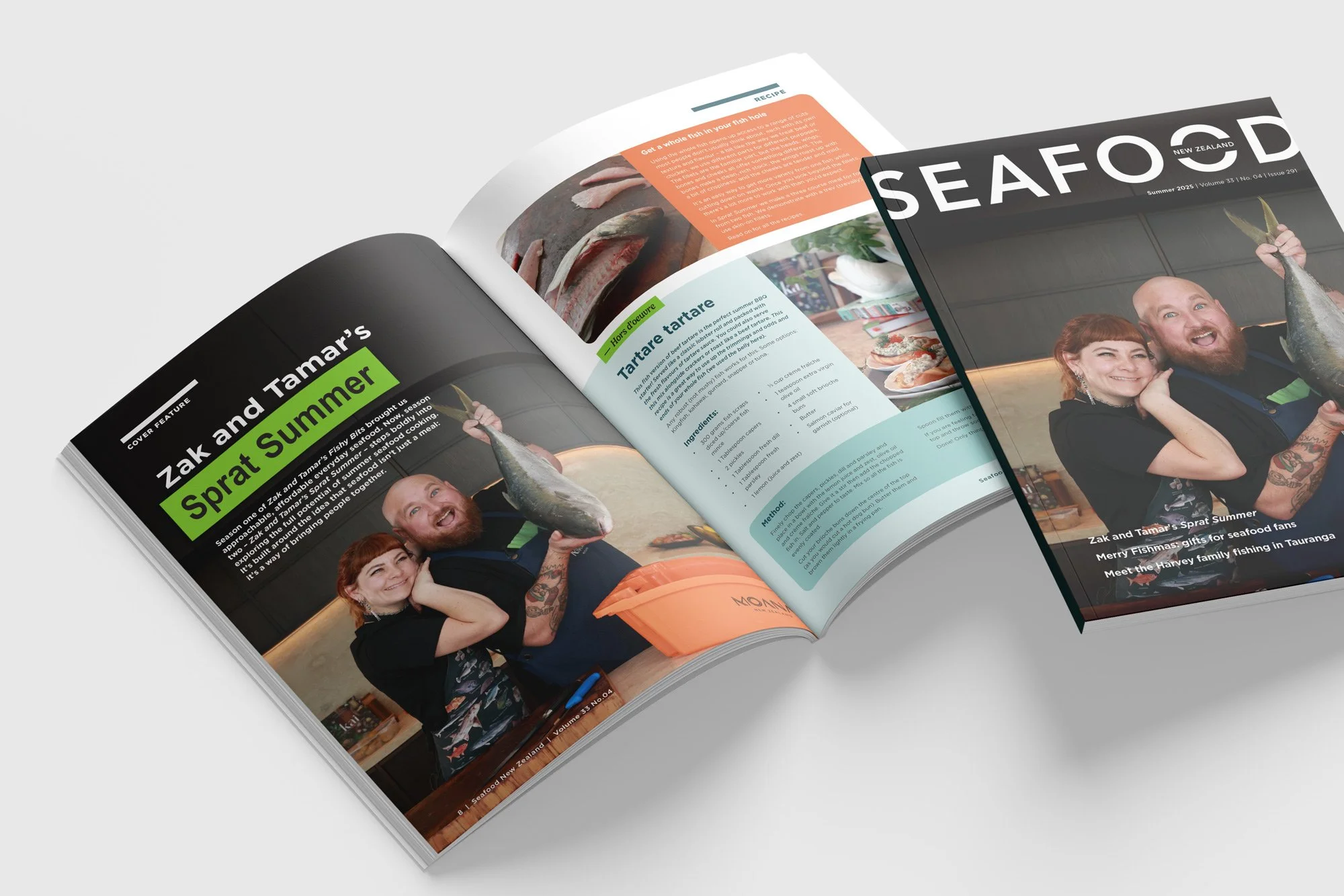 Zak and Tamar's  Sprat Summer  recipe cover feature from  Seafood Magazine  designed by Publik.
