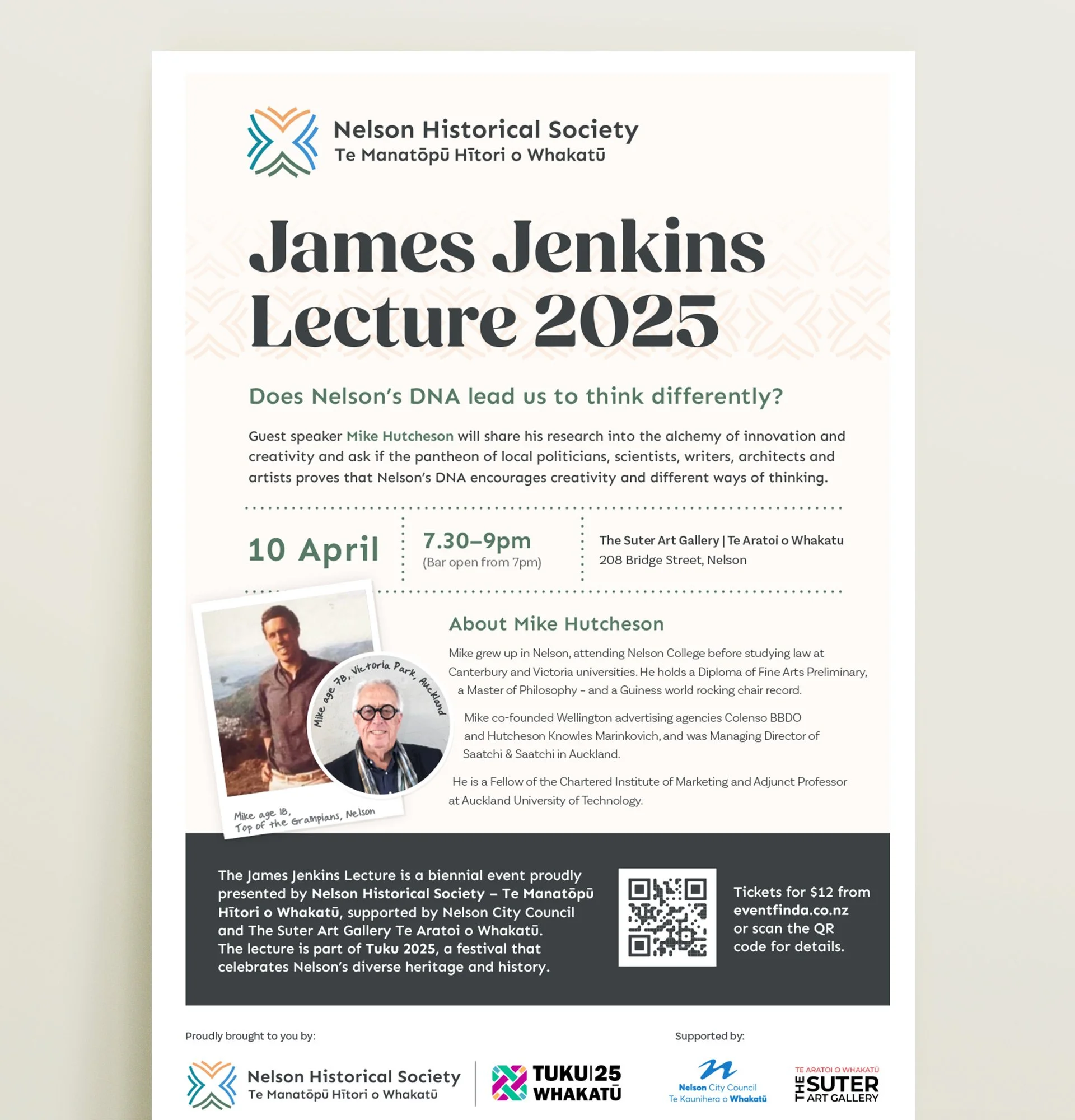 A flyer advertising the Nelson Historical Society's Martin Jenkins lecture, applying the new logo developed at Publik.