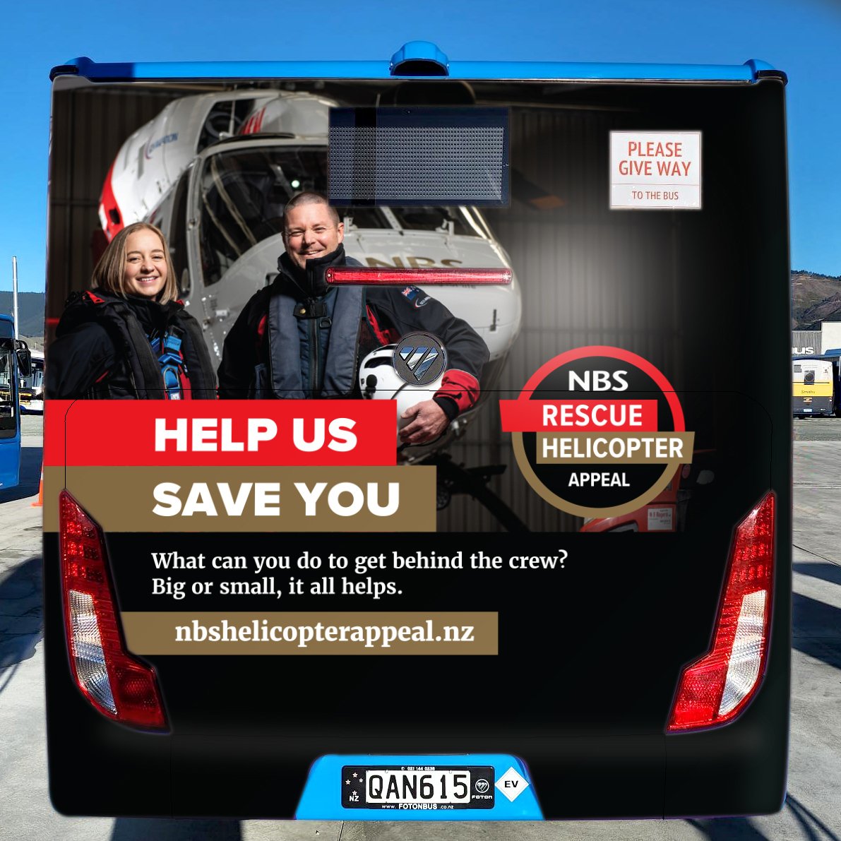 We designed striking and highly prominent campaign collateral, including the back-of-bus advertising pictured here, for the Nelson Rescue Helicopter annual appeal.