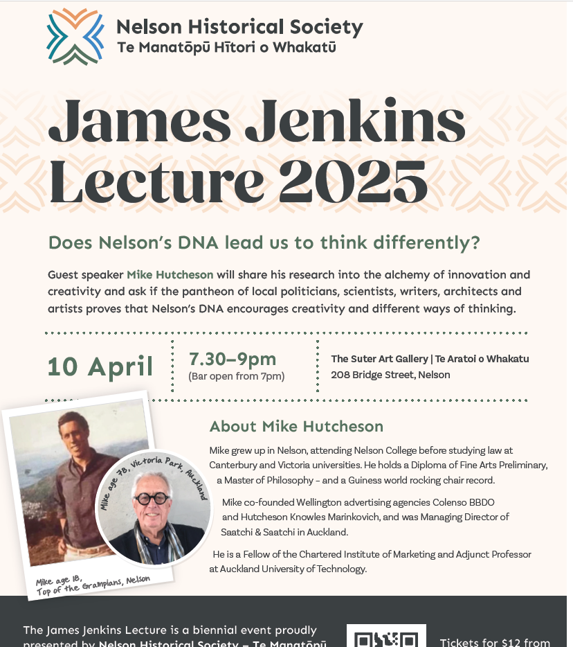 PLACEHOLDER A flyer advertising the Nelson Historical Society's Martin Jenkins lecture. 