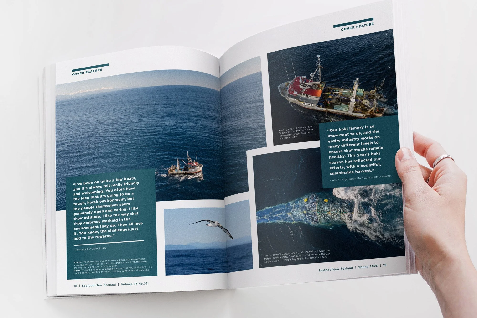 'A Celebration of hoki season' cover feature from  Seafood Magazine  designed by Publik. Photographer: Steve Hussey. 