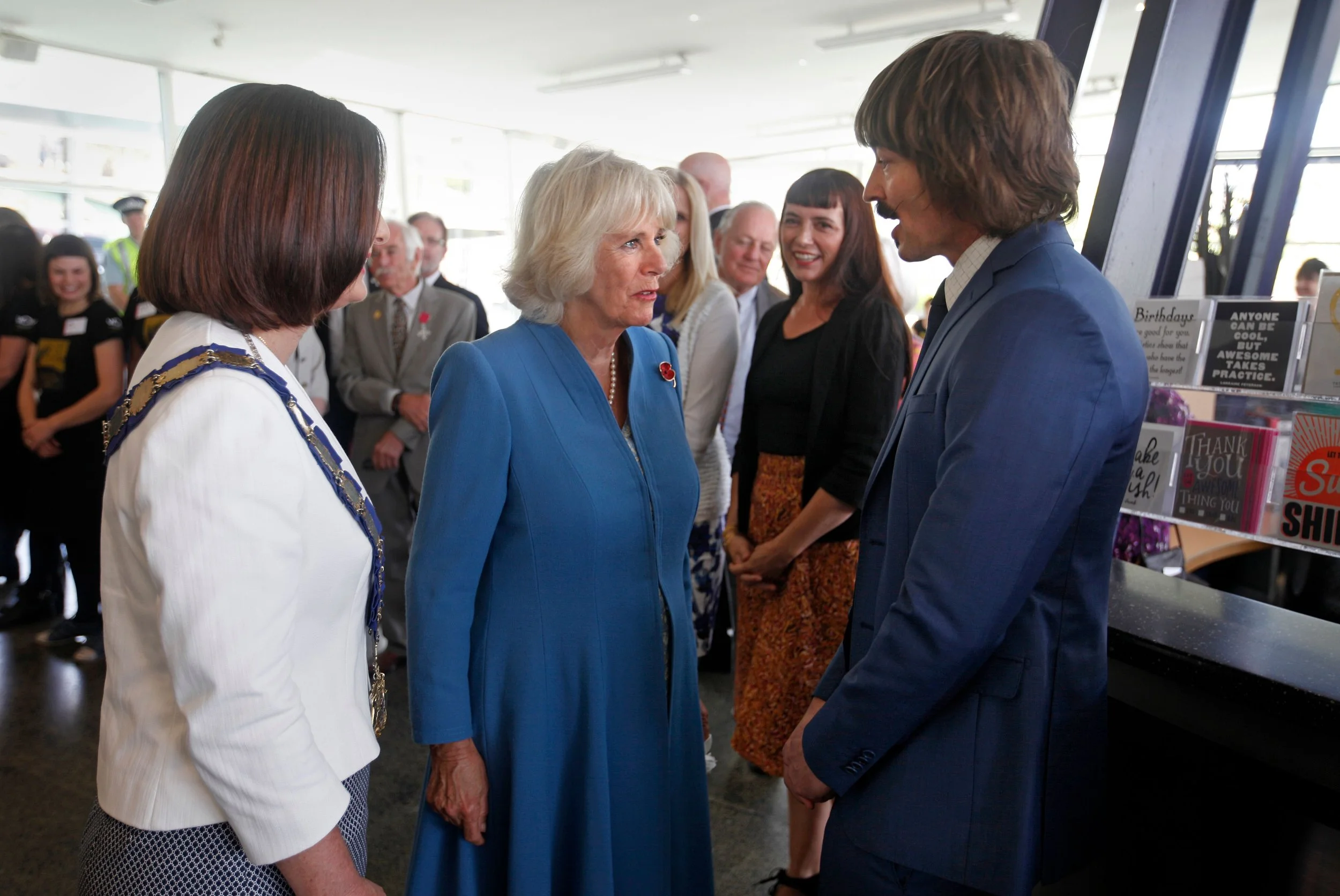 Halfdan Hansen meeting the former Duchess of Cornwall after she was gifted a Jens Hansen Golden Kiwi from former Nelson Mayor Rachel Reese.