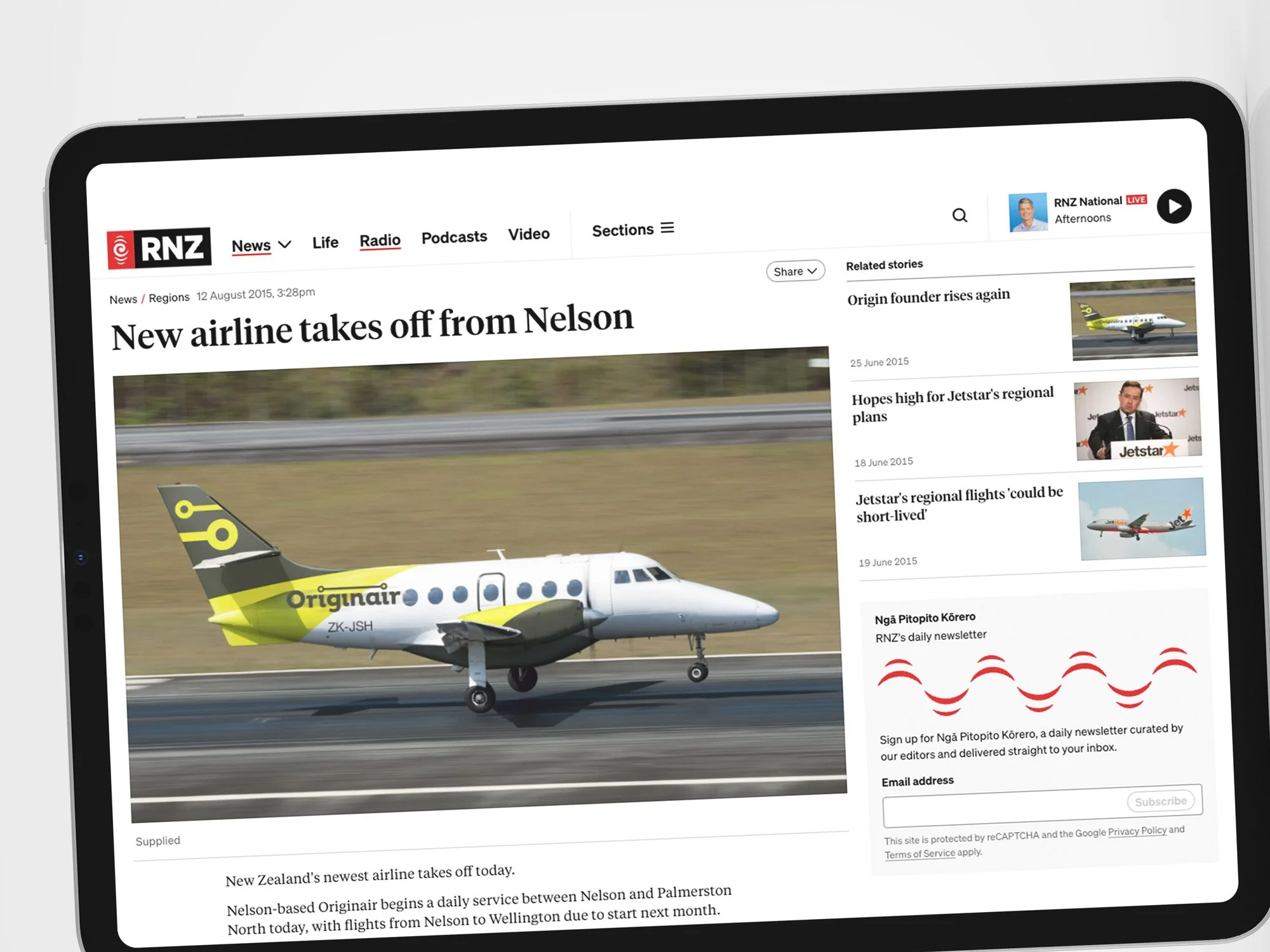 Achieving positive media coverage for the launch of Originair's new leg from Nelson to Palmerston North, with events held in both Nelson and Palmerston North.
