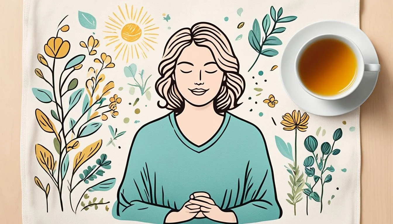 an ai generated graphic of a woman meditating with flowers around her and a cup of tea sitting next to the print, cbt exercises for burnout, therapy in st petersburg fl