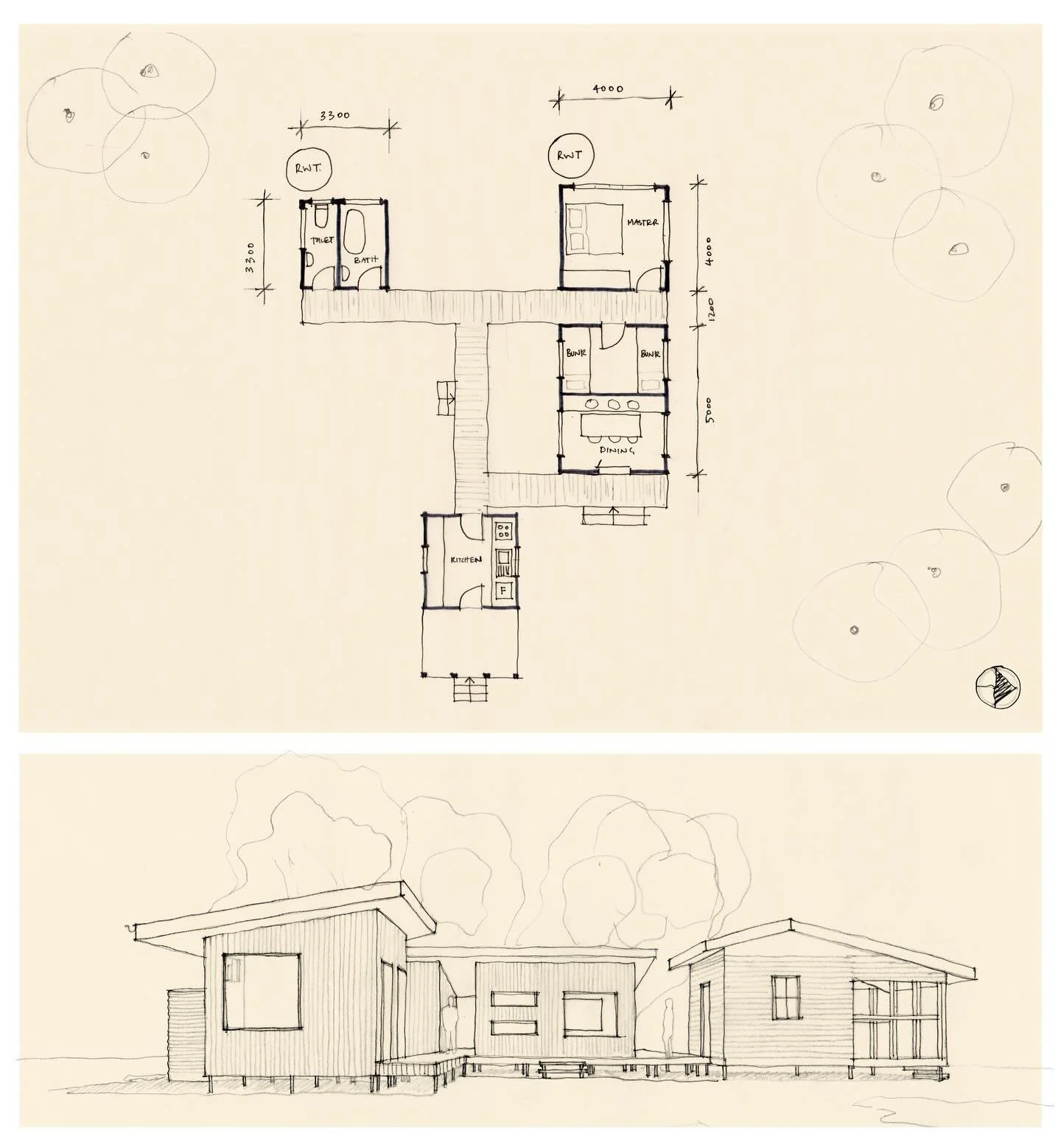 The Eureka Hut cabins 
Testing concept ideas for a series of off-grid shelters to provide eating, sleeping and bathing facilities anchored around an existing timber hut. The location is somewhat remote and the structures will be prefabricated off-sit