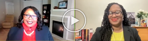 Two women are participating in a virtual video call, both smiling and sitting in different rooms with home decor visible behind them.