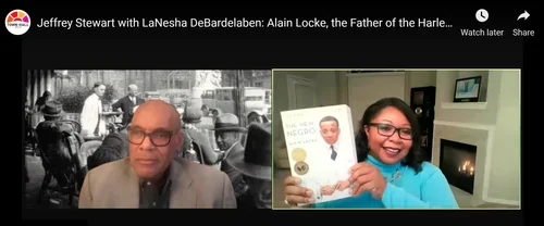 Split-screen image showing a black-and-white photo of a man in front of a vintage car and crowd on the left, and a woman smiling and holding a children's book on the right.