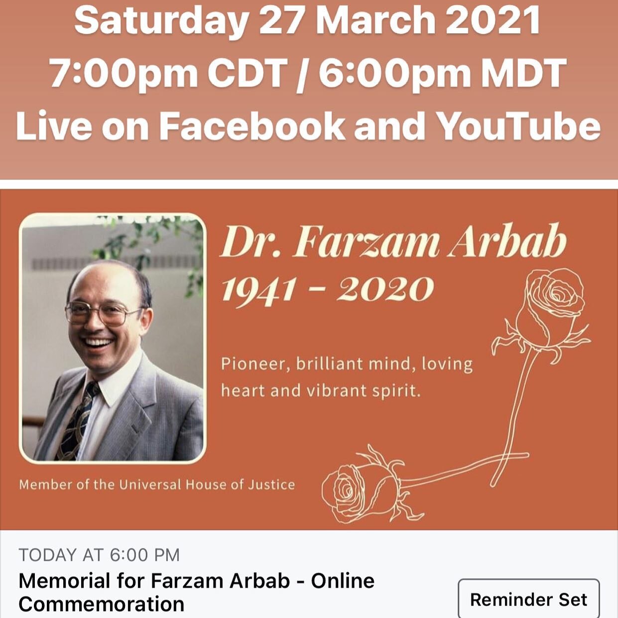 Virtual memorial service in honor of Dr. Farzam Arbab begins at 6:00pm MDT this evening, viewable at:
youtube.com/c/usbahaifaith or
facebook.com/BahaiTempleNorthAmerica

Farzam Arbab, a beloved former member of the Universal House of Justice, passed 