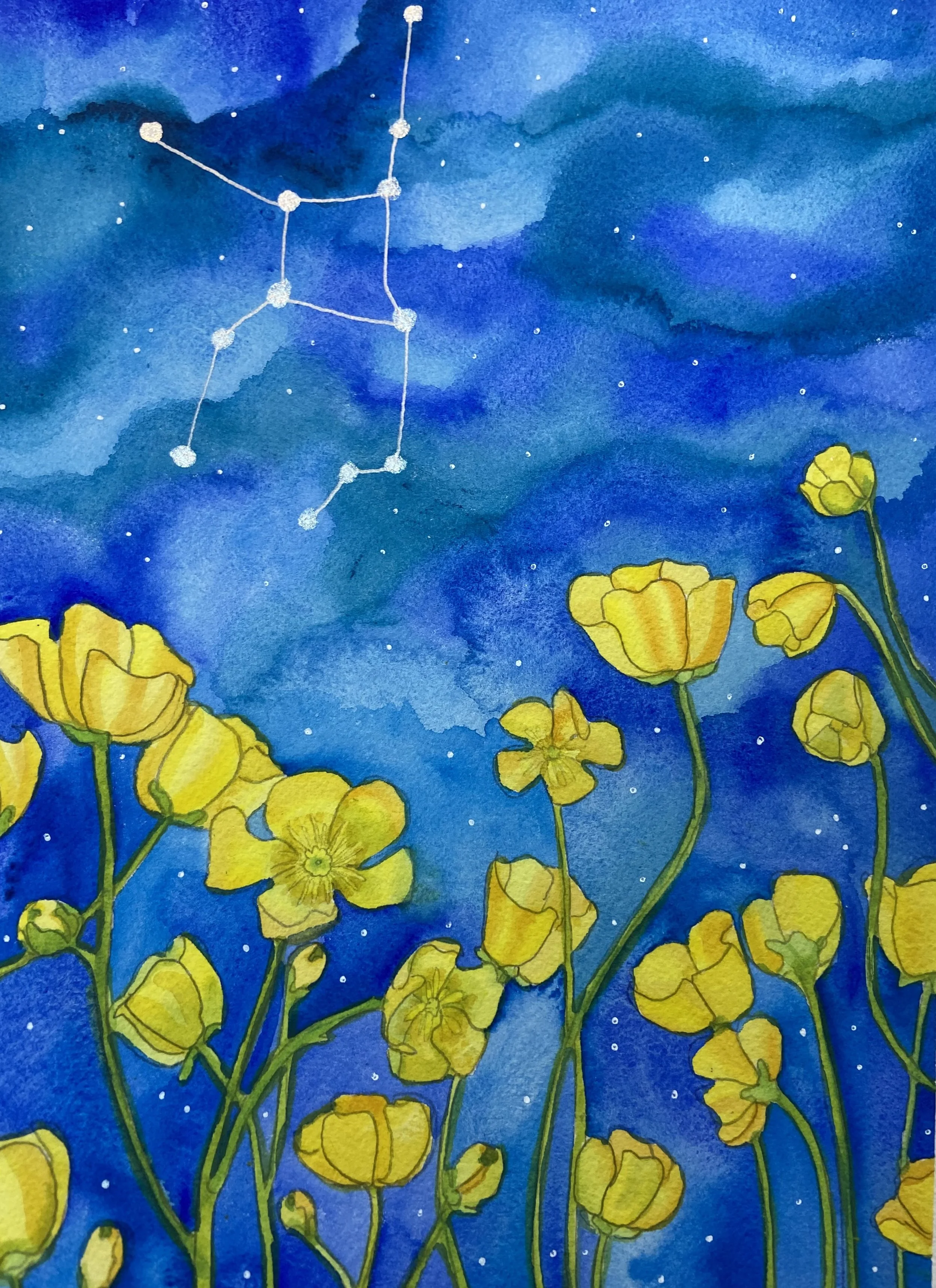 Virgo at Night, 10"x14" Watercolor and Silver Filigree, Original Available.  