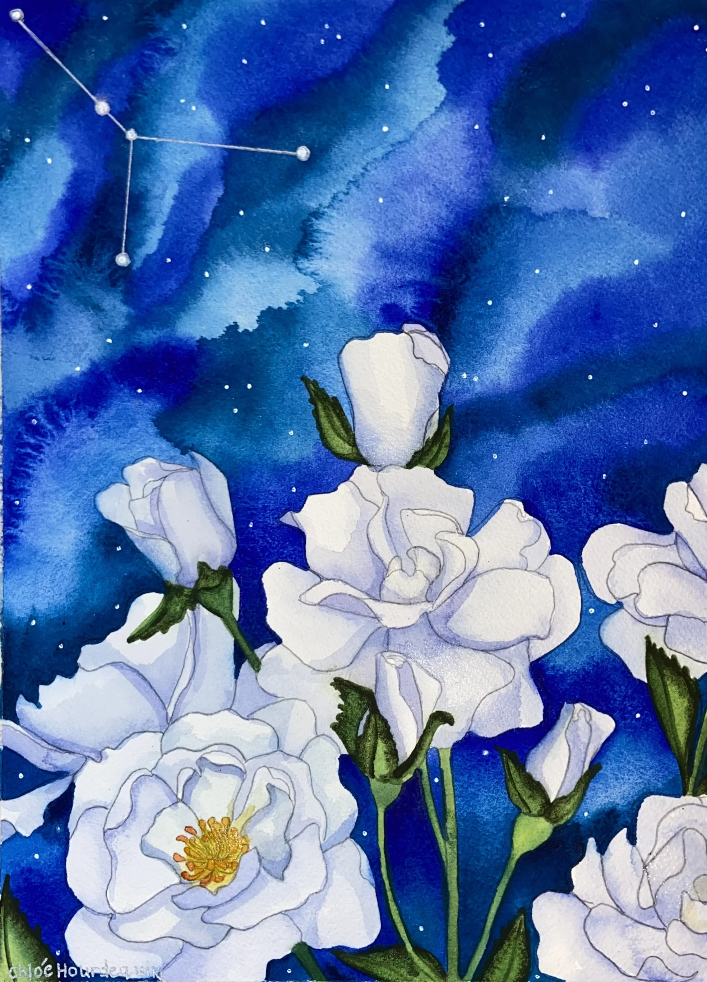 Cancer at Night, 10"x14" Watercolor and Silver Filigree, Original Available.  