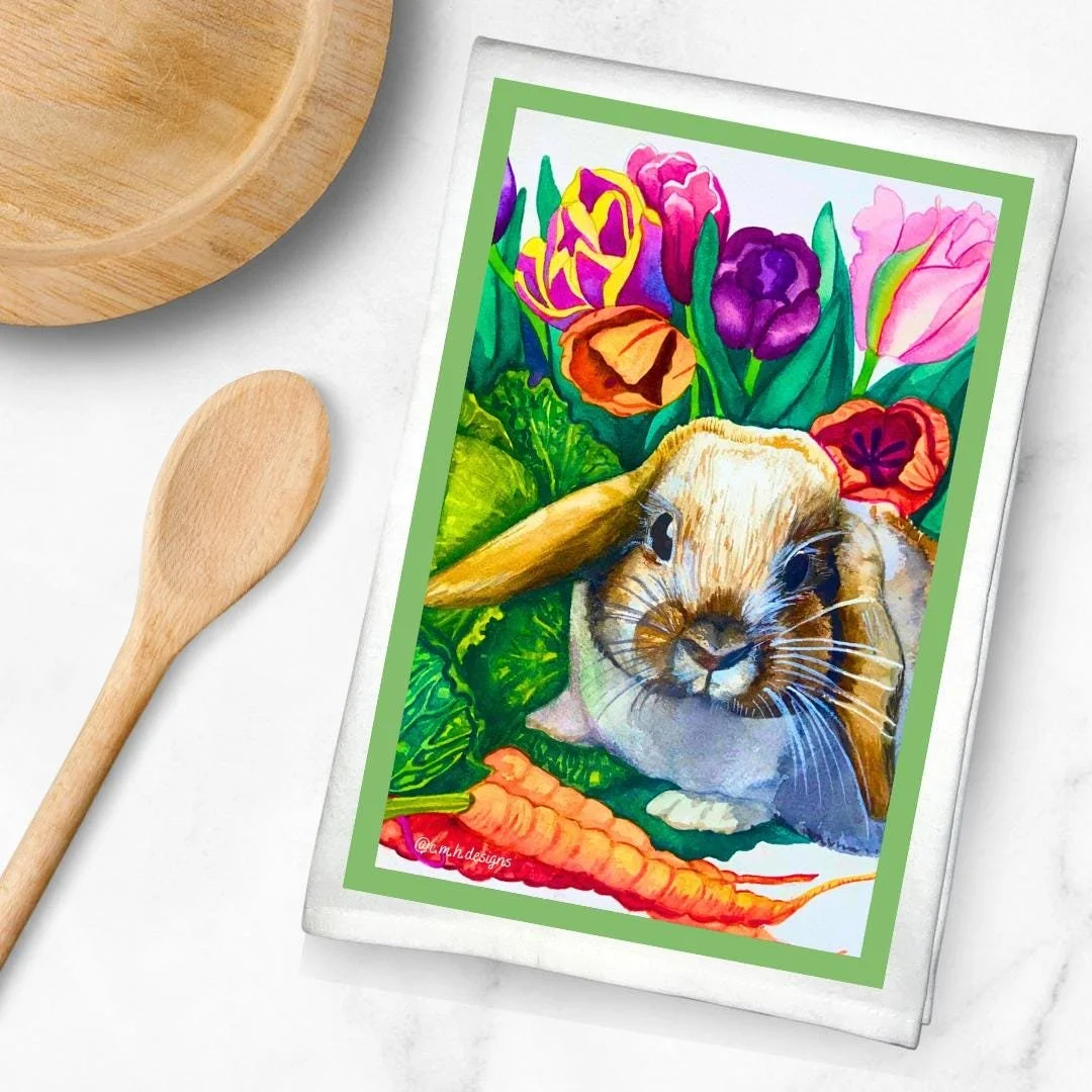 Rabbit with Carrots and Tulips Cotton Sak Kitchen Tea Towel