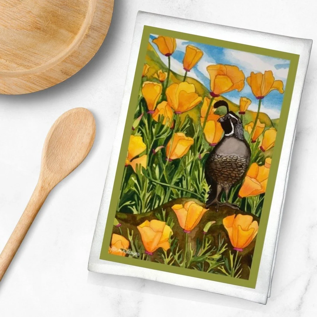 California Quail In Poppy Field Cotton Sak Kitchen Tea Towel