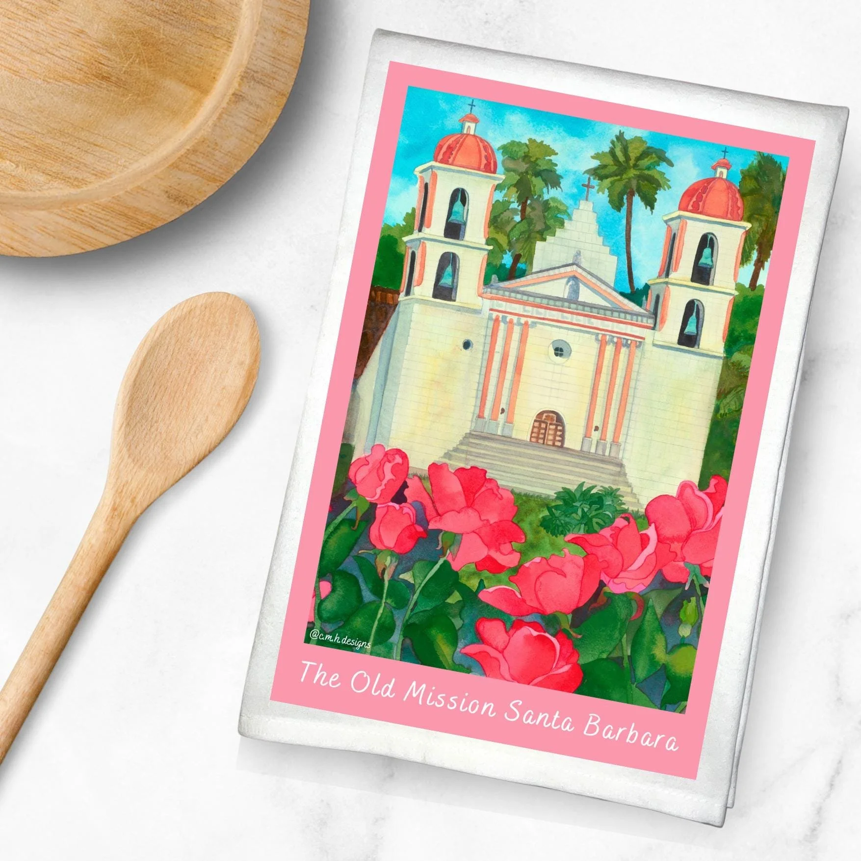 Old Mission Santa Barbara with Rose Garden Cotton Sak Kitchen Tea Towel