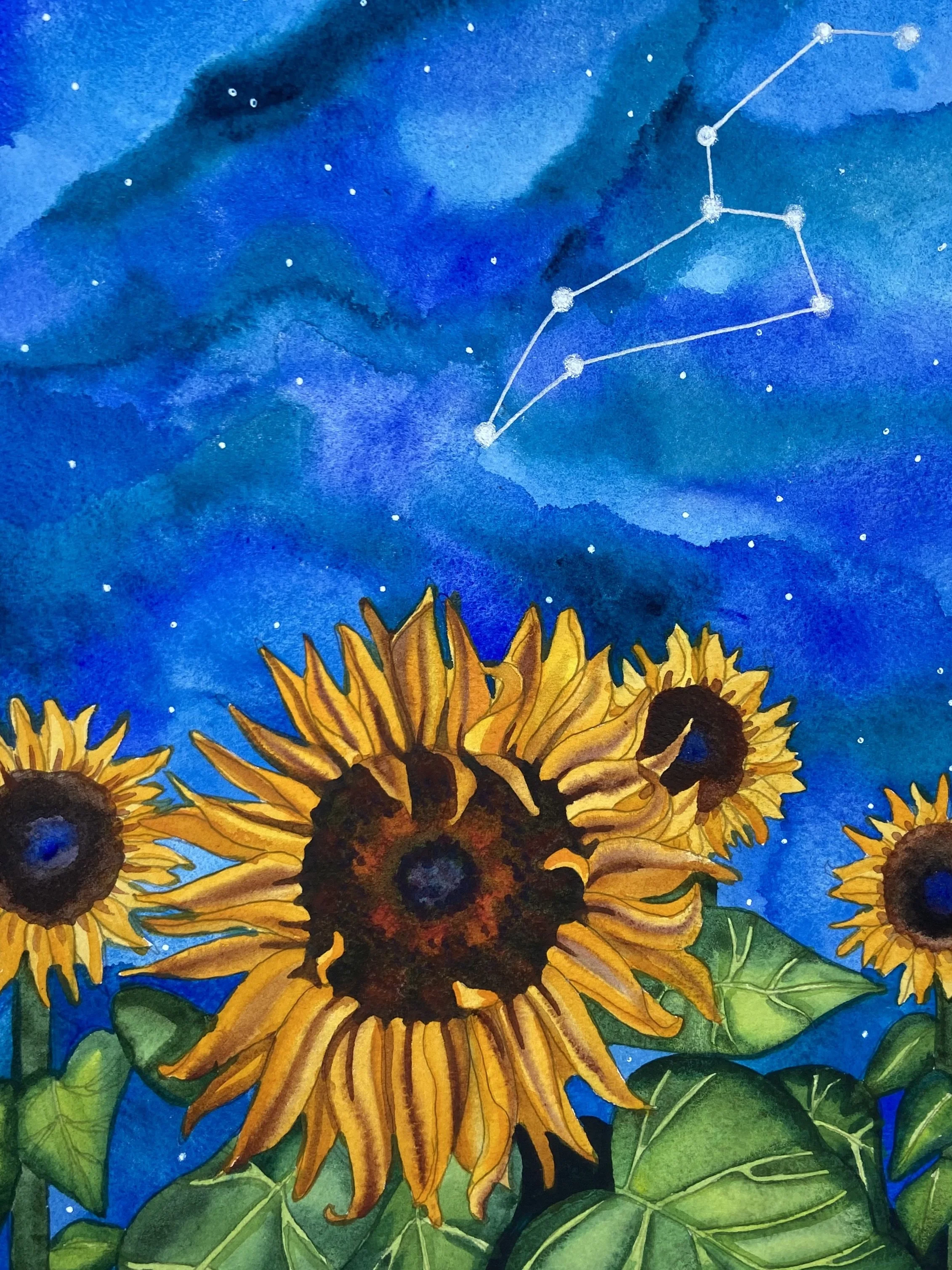 Leo at Night, 10"x14" Watercolor and Silver Filigree, Original Available.  